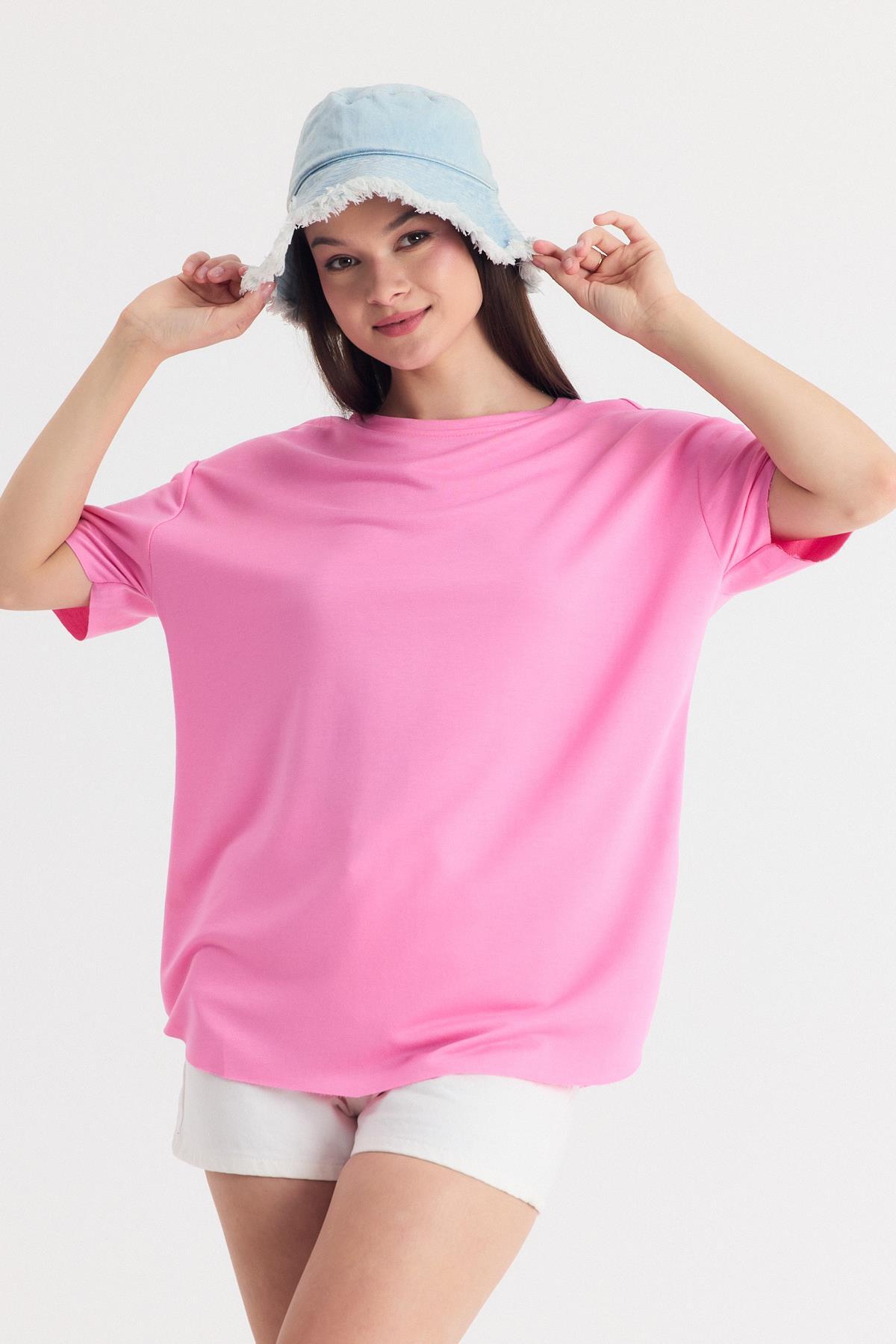 Pembe Yumuşak Dokulu Esnek Premium Kumaş Lazer Kesim Oversize Tişört 1868 - 3
