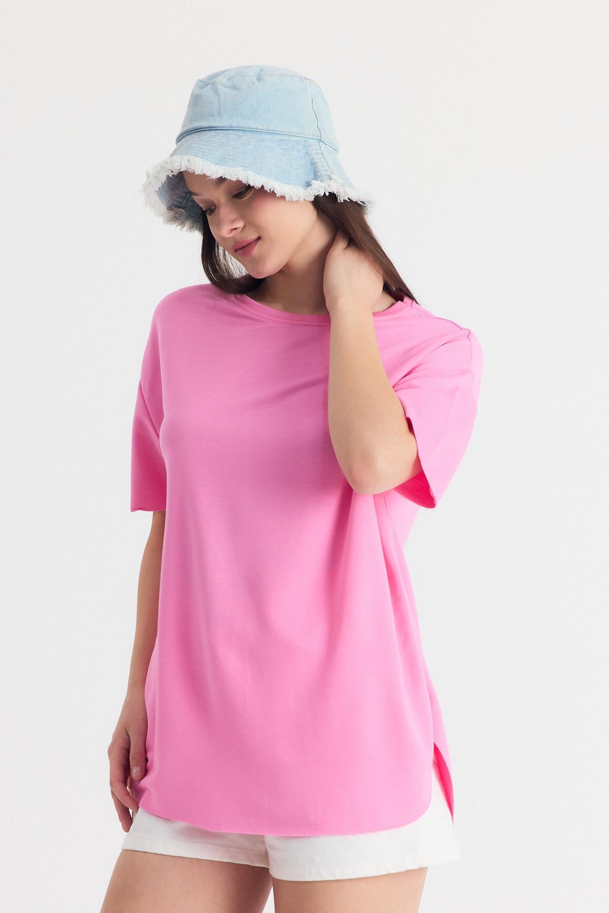 Pembe Yumuşak Dokulu Esnek Premium Kumaş Lazer Kesim Oversize Tişört 1868 - 6