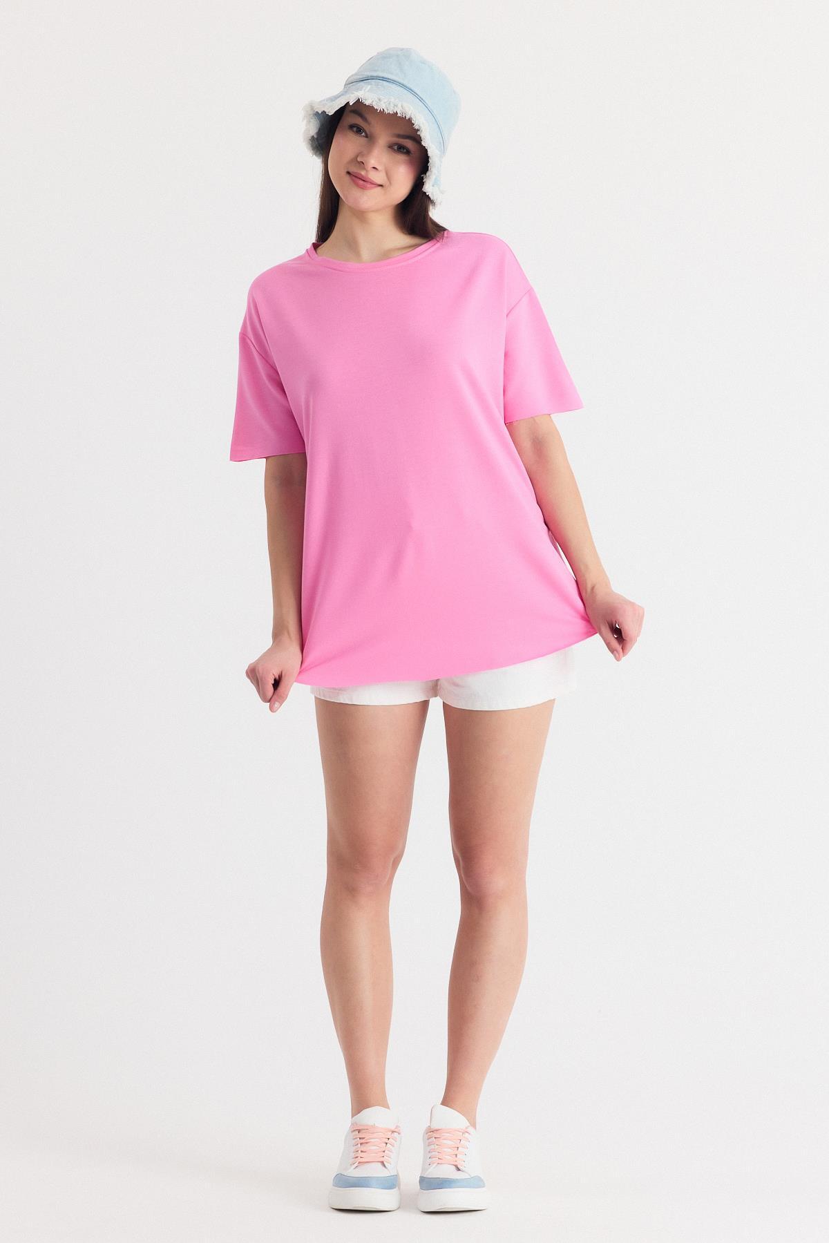 Pembe Yumuşak Dokulu Esnek Premium Kumaş Lazer Kesim Oversize Tişört 1868 - 7