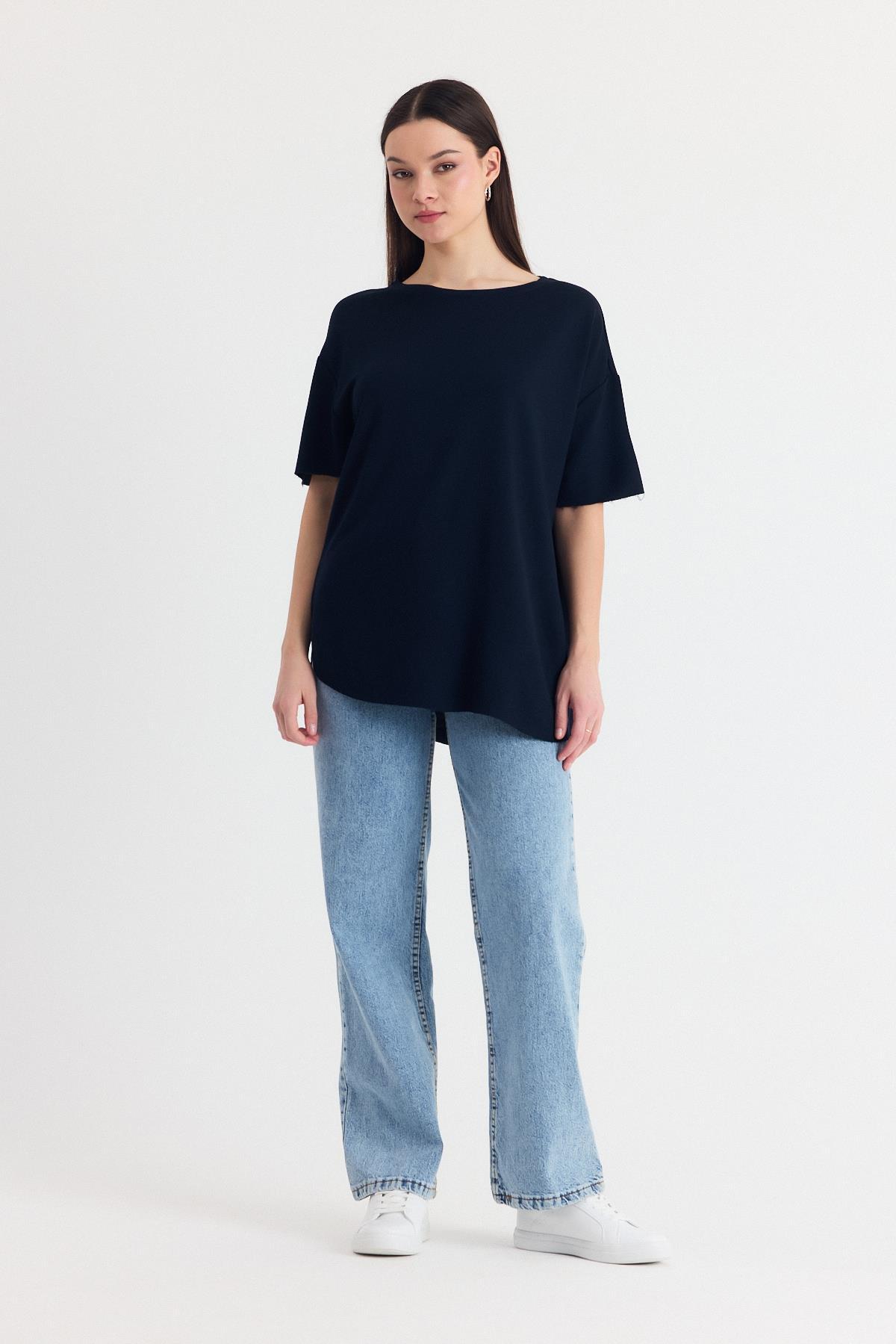 Siyah Yumuşak Dokulu Esnek Premium Kumaş Lazer Kesim Oversize Tişört 1868 - 3