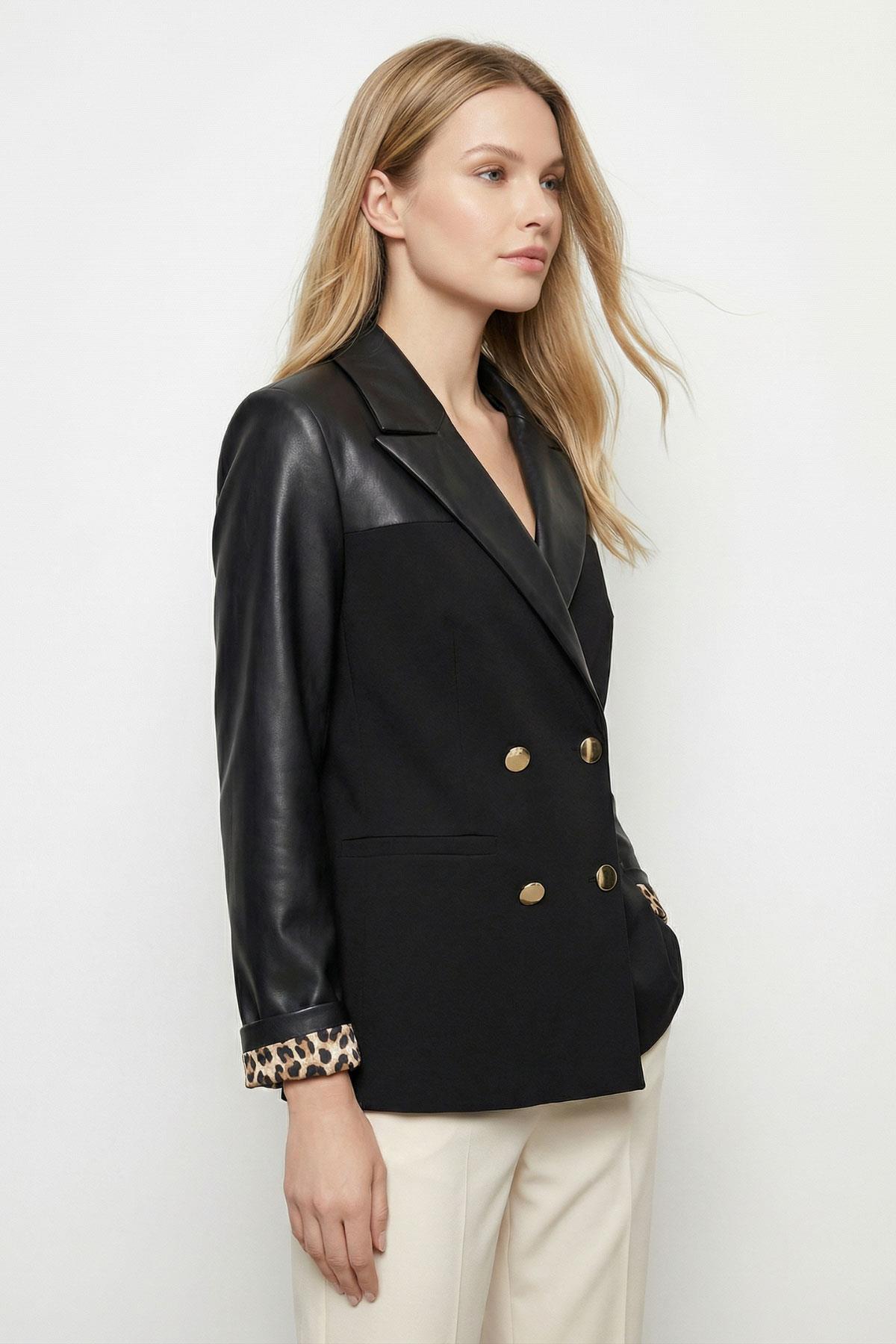 1883 Poliviskon Garnili Kruvaze Yaka Deri Ceket Siyah - RAYS