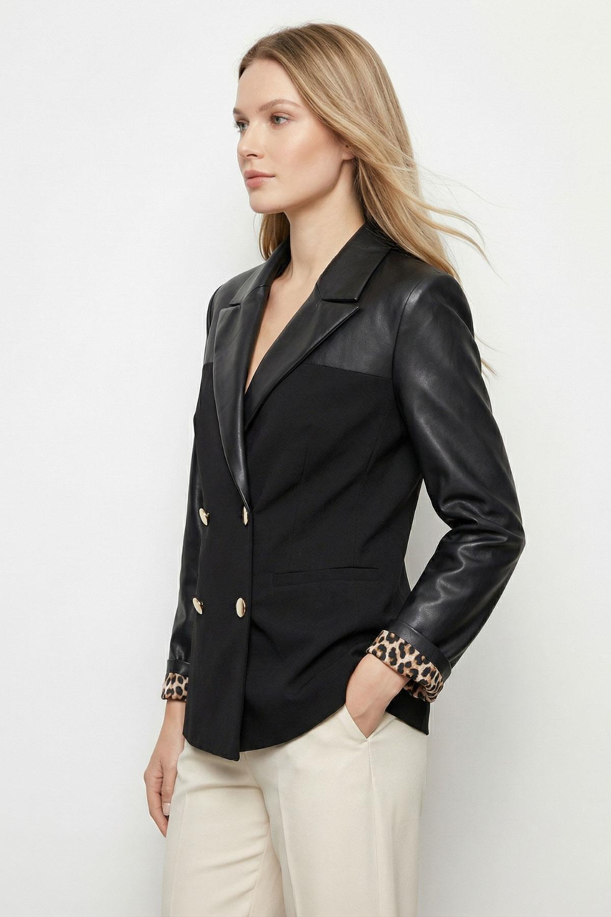 Siyah Poliviskon Garnili Kruvaze Yaka Deri Ceket 1883 - RAYS