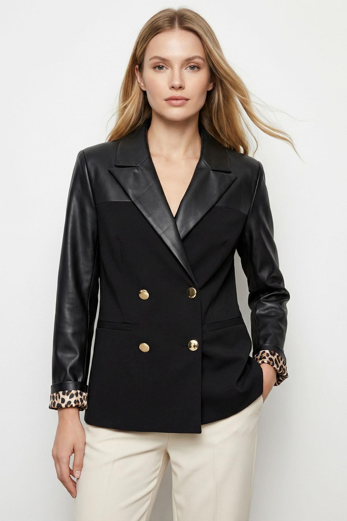 Siyah Poliviskon Garnili Kruvaze Yaka Deri Ceket 1883 - 1