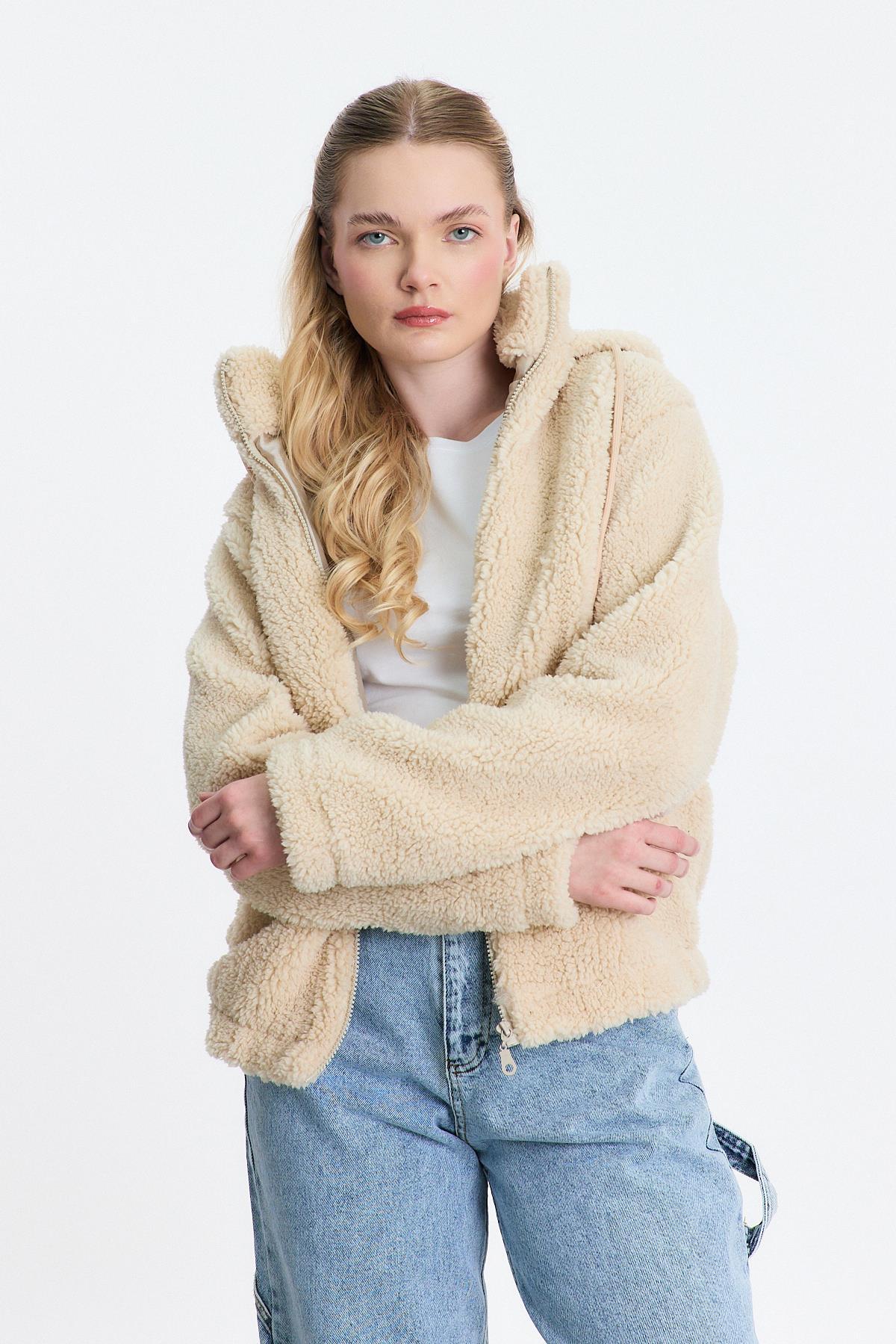 18847 Kapüşonlu Welsoft Hırka Taş - RAYS