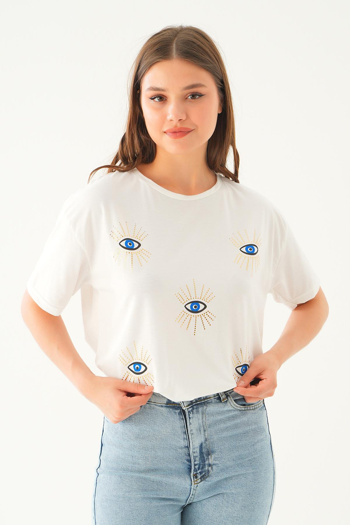 Beyaz Göz Nakış Detay Tişört 1885 