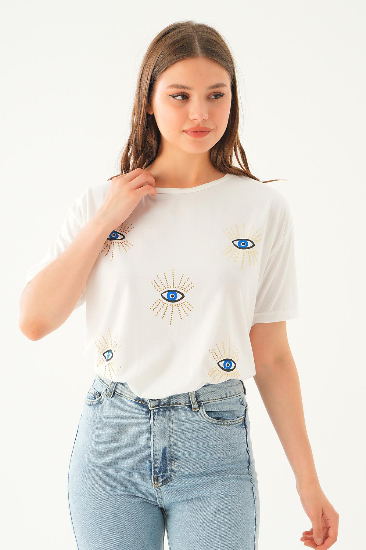 Beyaz Göz Nakış Detay Tişört 1885 - 2