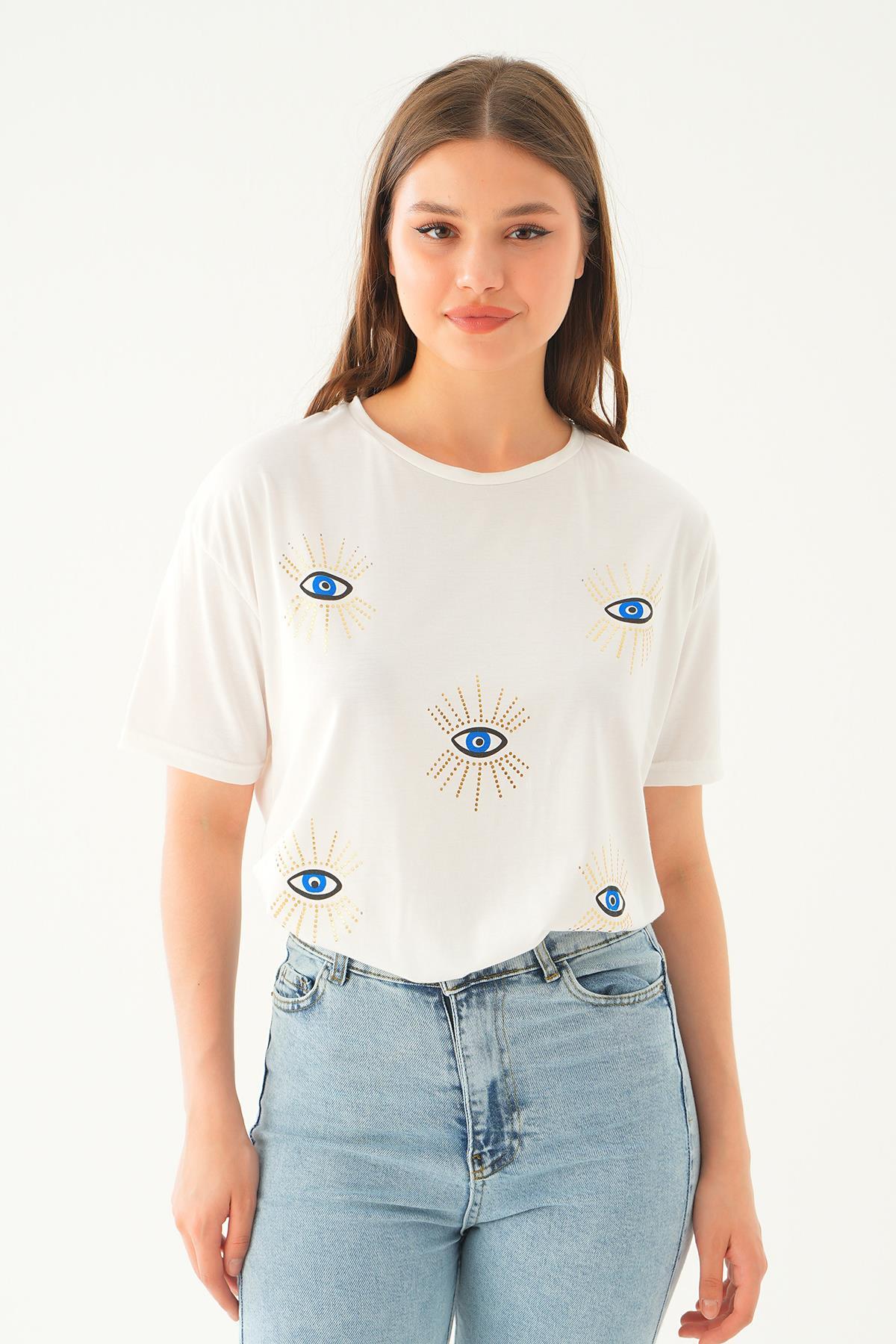 Beyaz Göz Nakış Detay Tişört 1885 - 6
