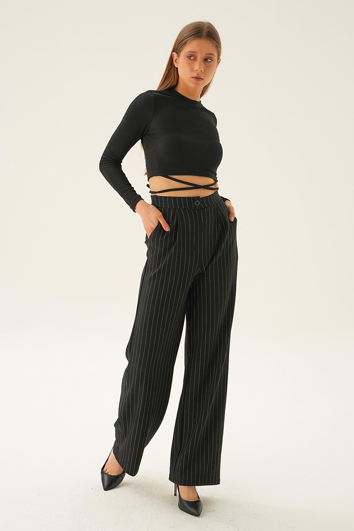 1887 Çizgili Geniş Pantolon Siyah 