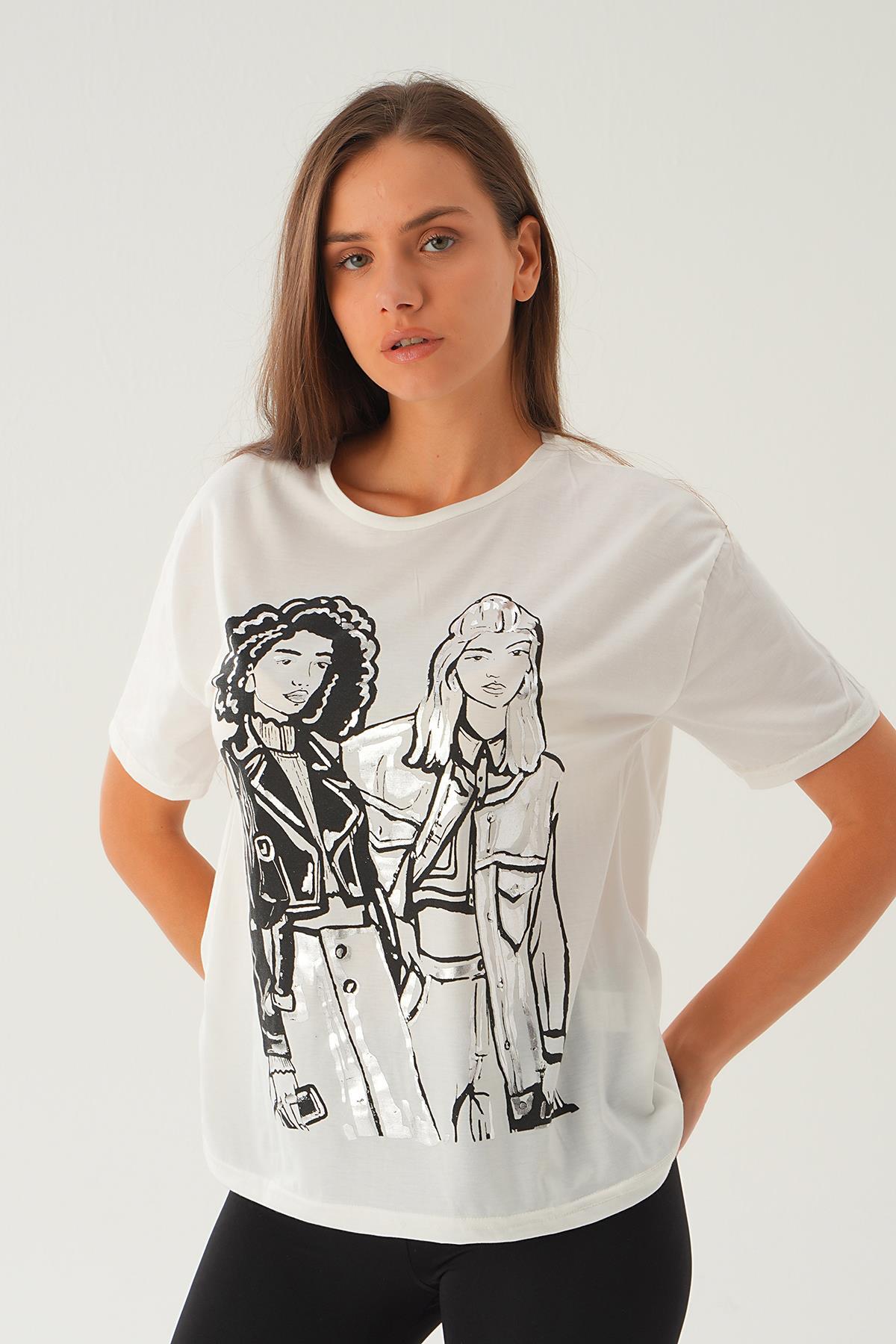Beyaz Kız Baskılı Tişört 1887 