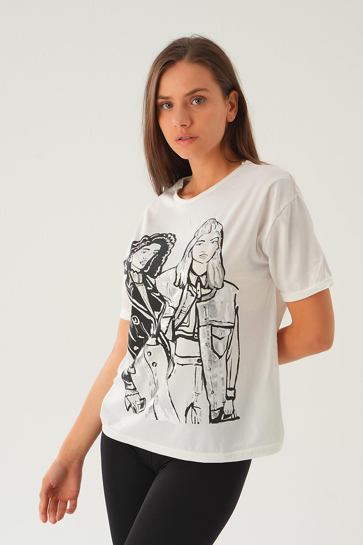 Beyaz Kız Baskılı Tişört 1887 - 2