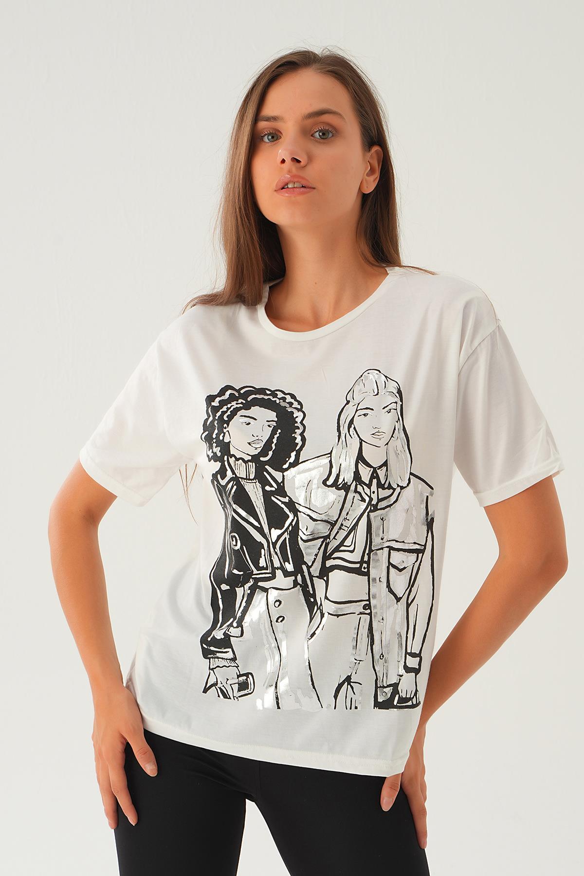 Beyaz Kız Baskılı Tişört 1887 - 3