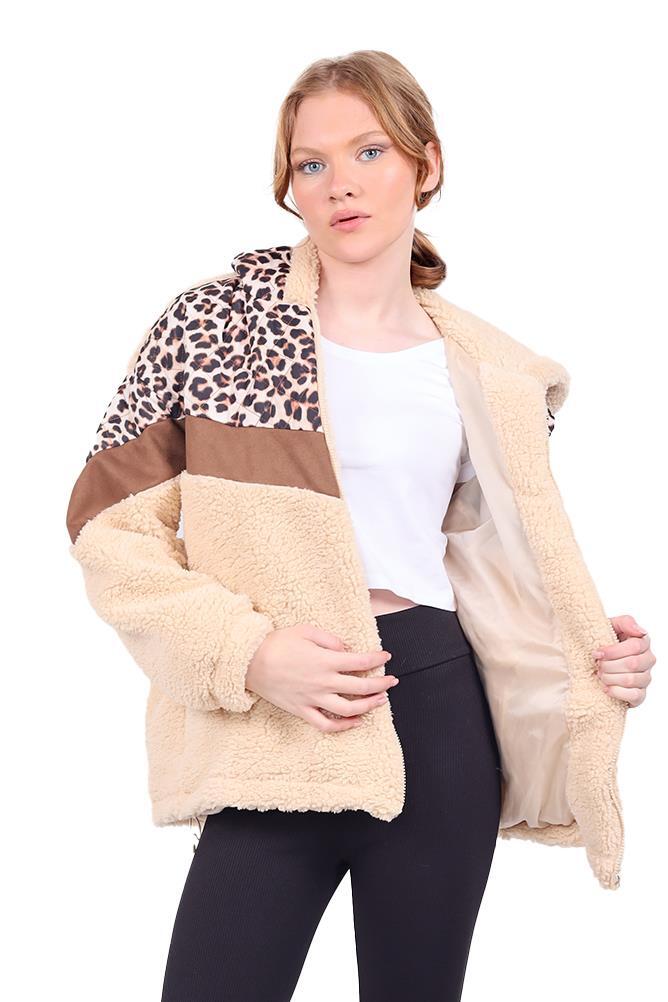 Bej Leopar Kapitone Garnili Kapüşonlu Peluş Mont 1895 - 1