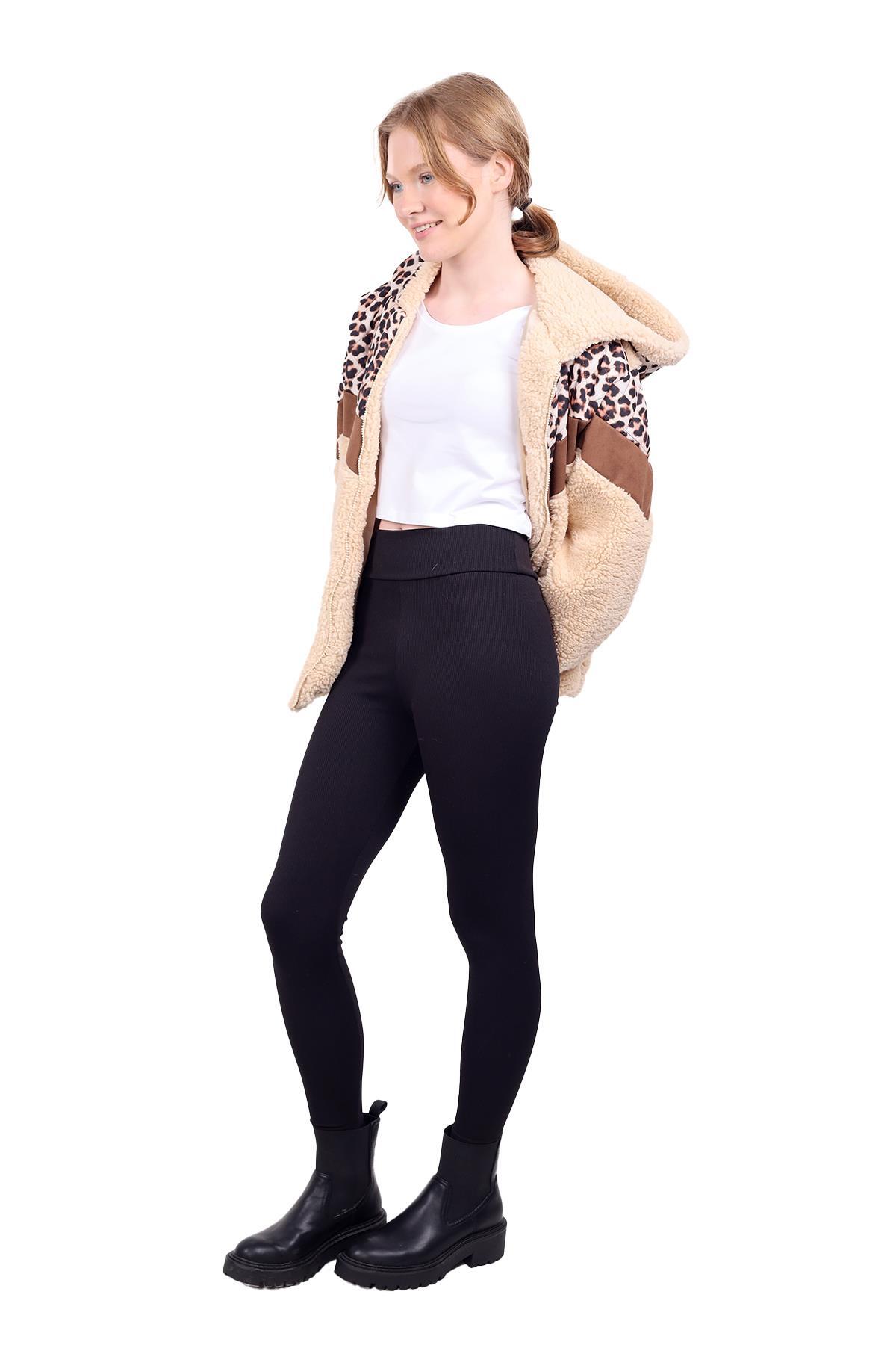 Bej Leopar Kapitone Garnili Kapüşonlu Peluş Mont 1895 - 2