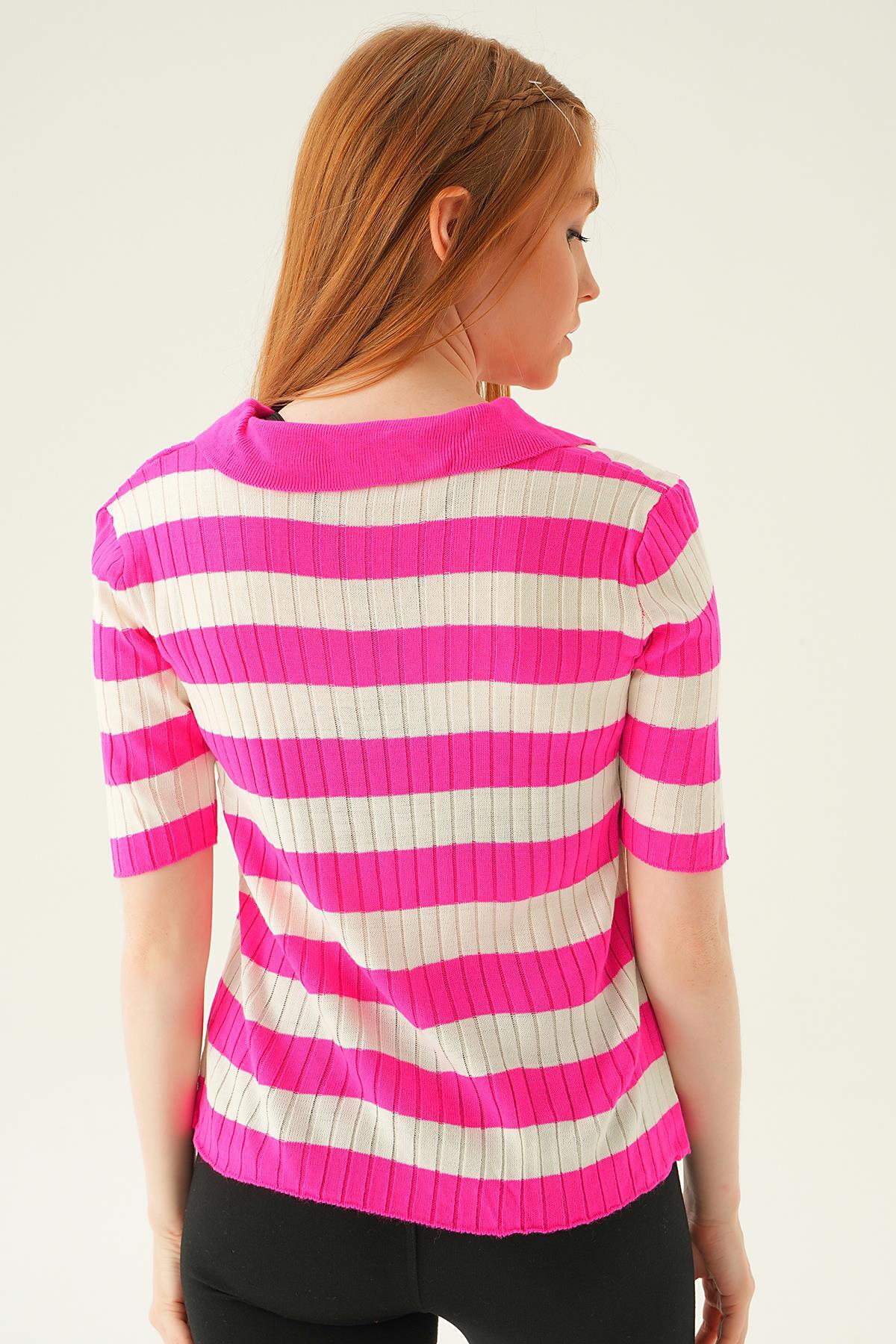 1900 Polo Yaka Çizgili Tişört Fuşya - 4