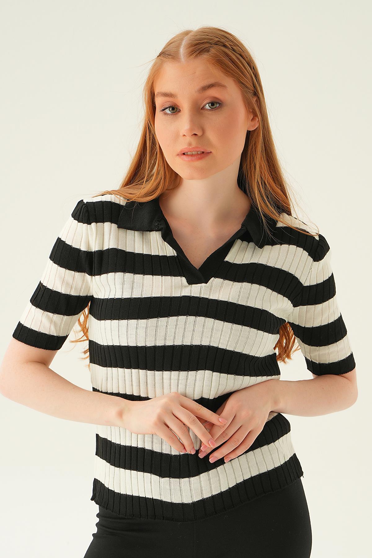 1900 Polo Yaka Çizgili Tişört Siyah - 3