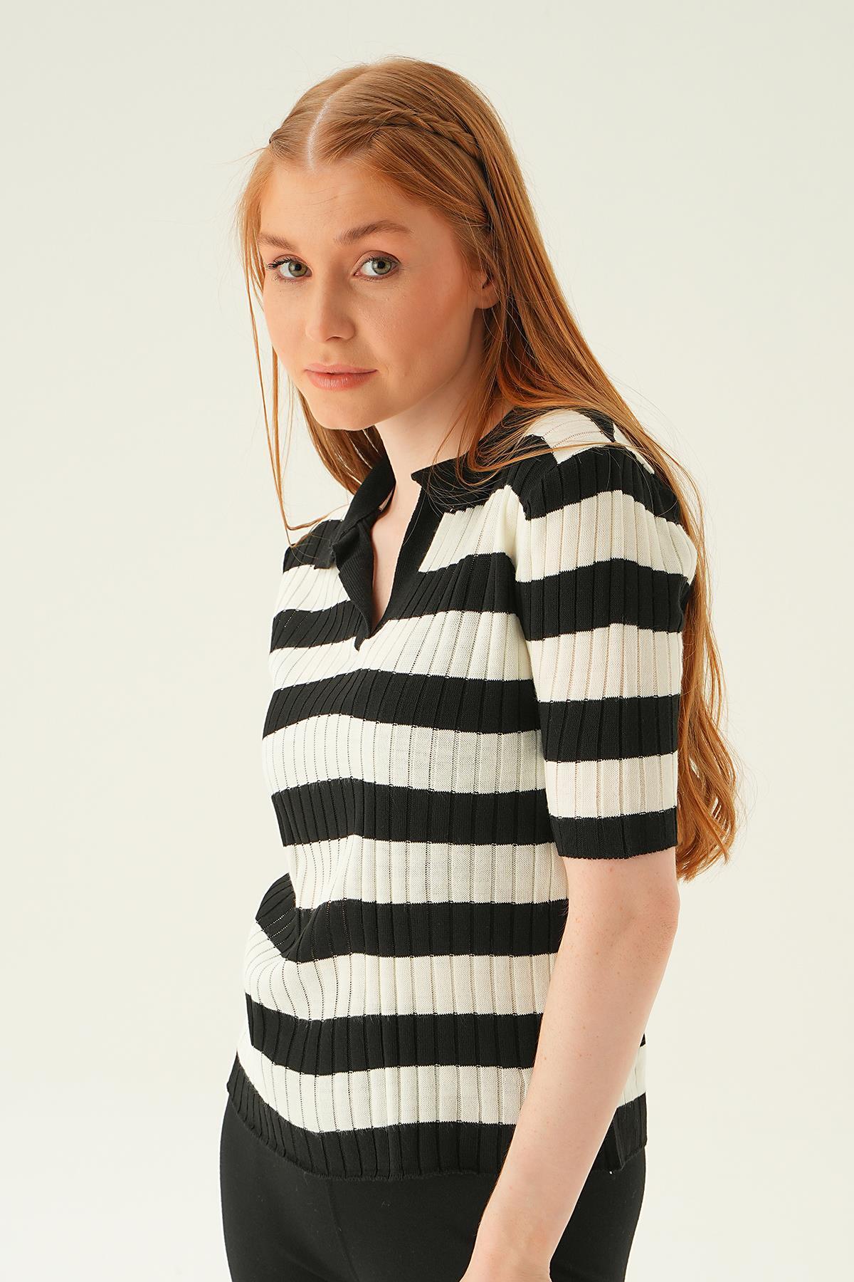 1900 Polo Yaka Çizgili Tişört Siyah - 4