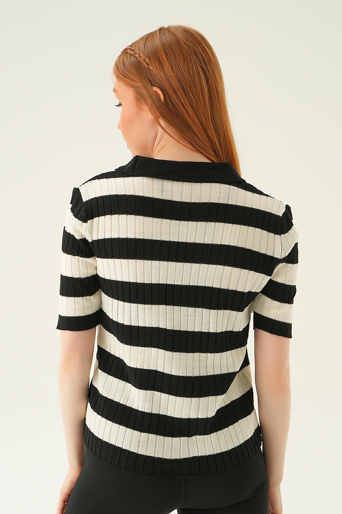 1900 Polo Yaka Çizgili Tişört Siyah - 5