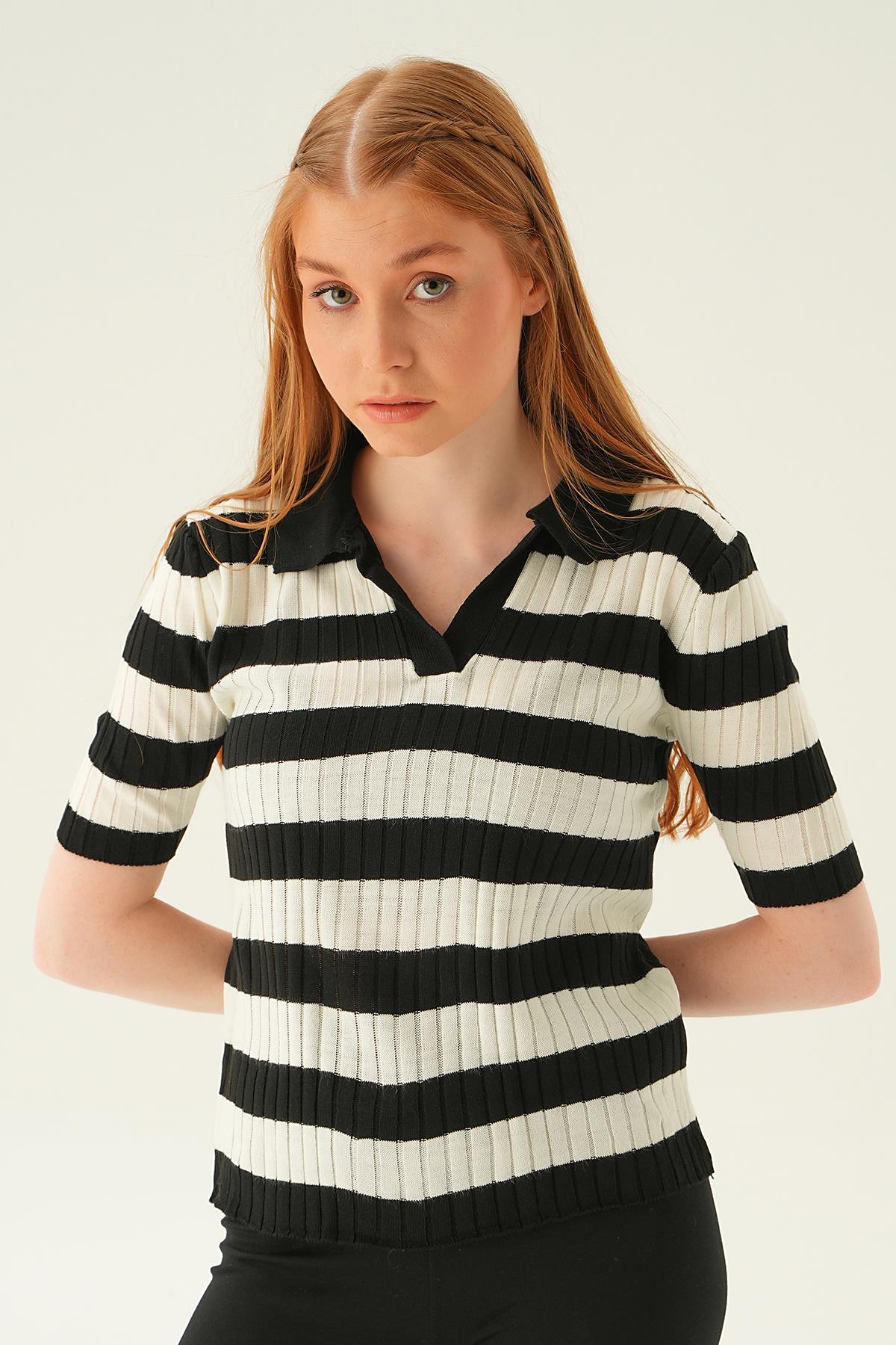 1900 Polo Yaka Çizgili Tişört Siyah - 1