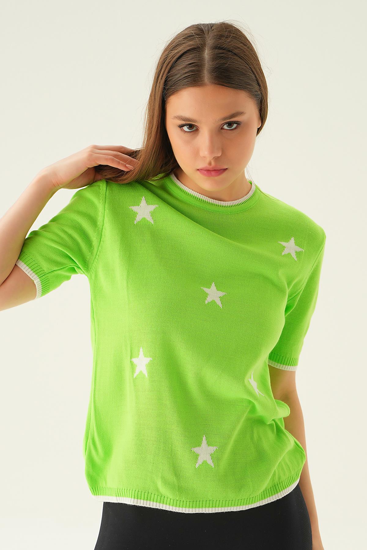 1901 Yıldız Detay Tişört Elma Yeşili - 4