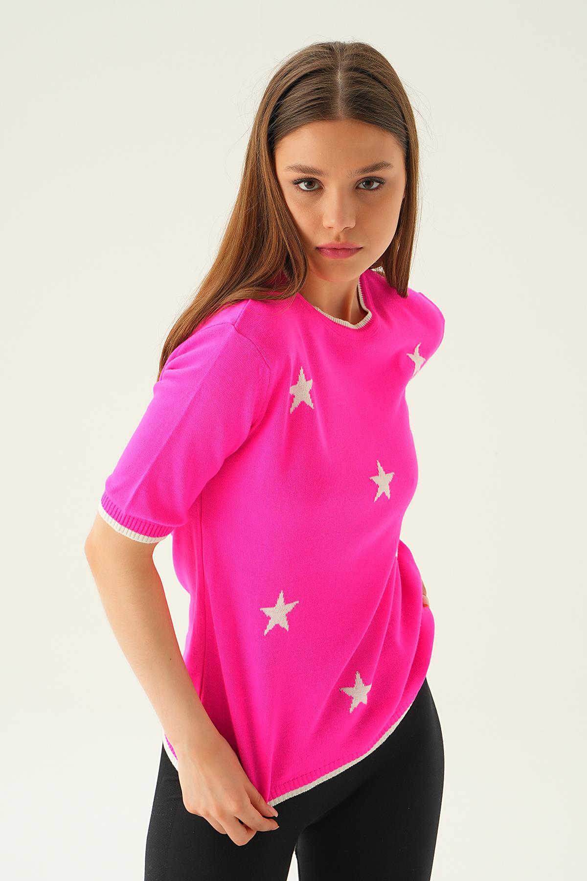 Fuşya Yıldız Detay Tişört 1901 - 3