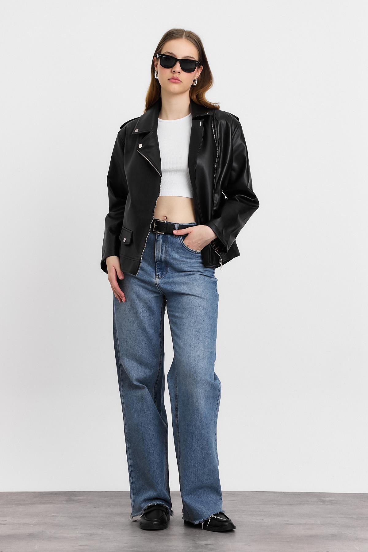 1910 Arkası Baskılı Leopar Deri Ceket Siyah - RAYS