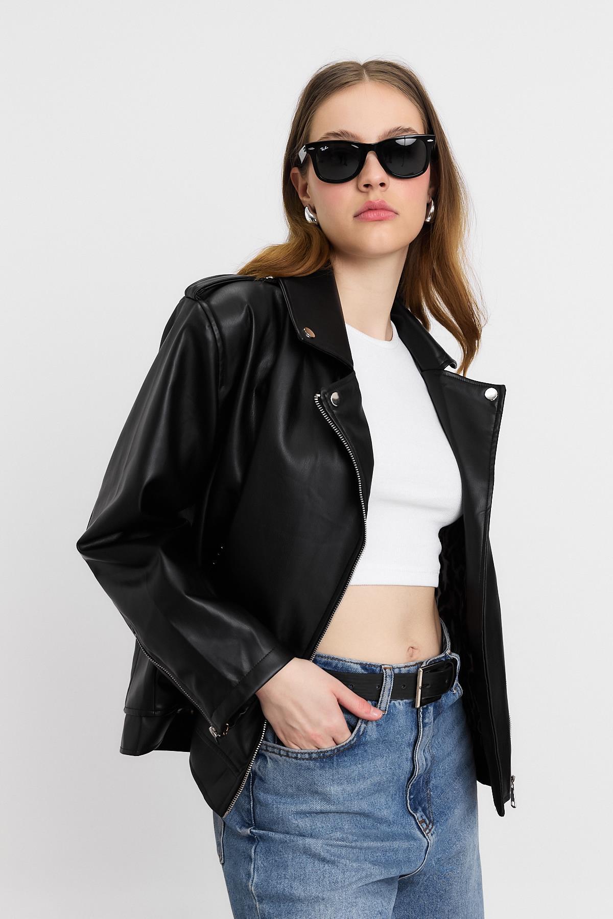 Siyah Arkası Baskılı Leopar Deri Ceket 1910 - 6