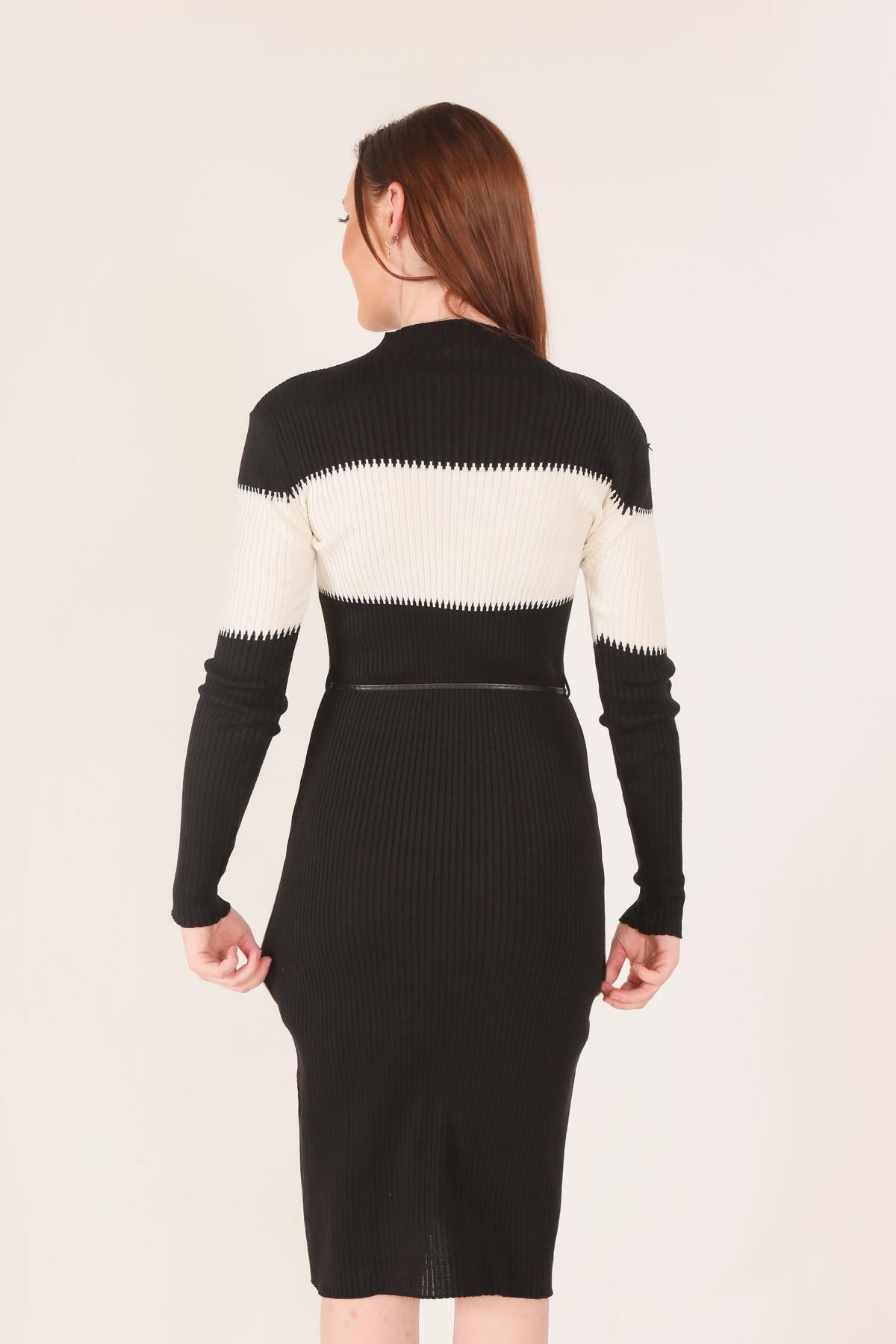 1930 Fitilli Çift Renk Elbise Siyah - 4