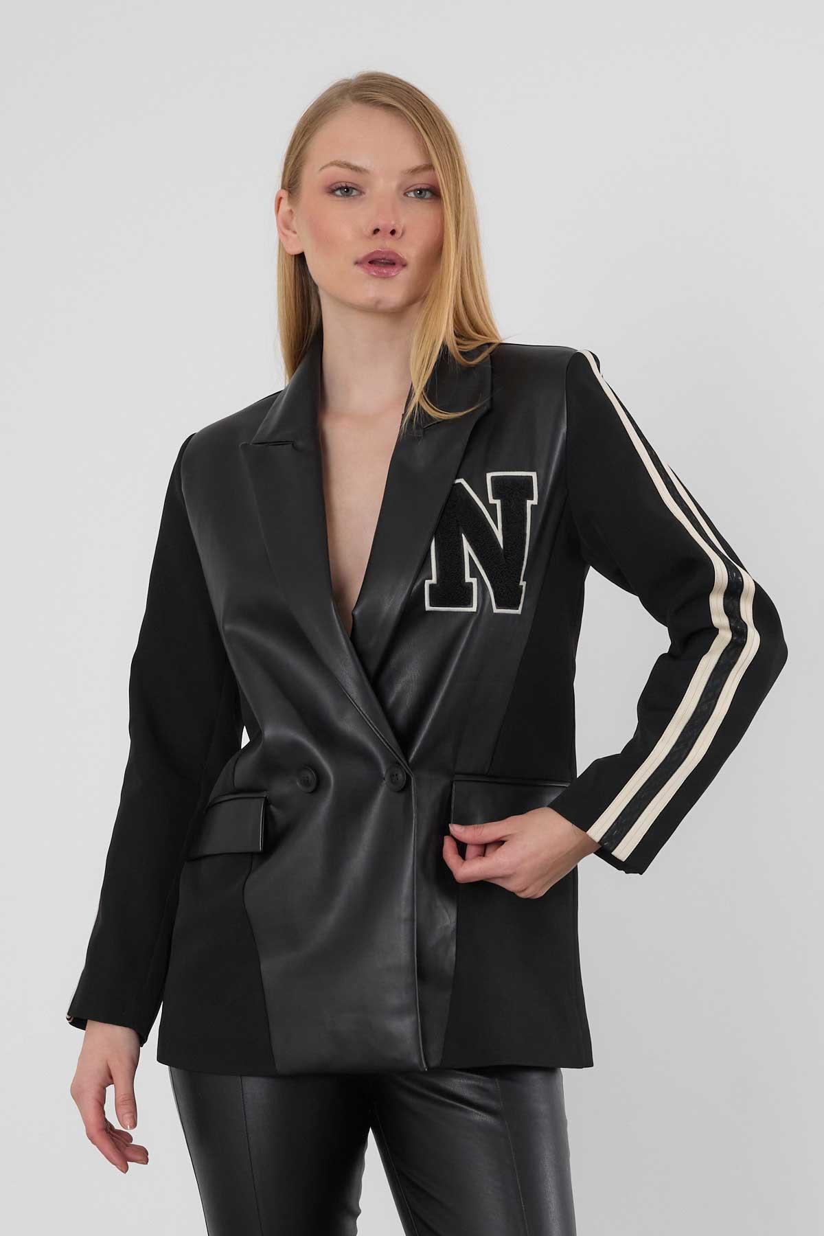 1932 Kolları Şeritli Deri Garnili Atlas Ceket Siyah - RAYS