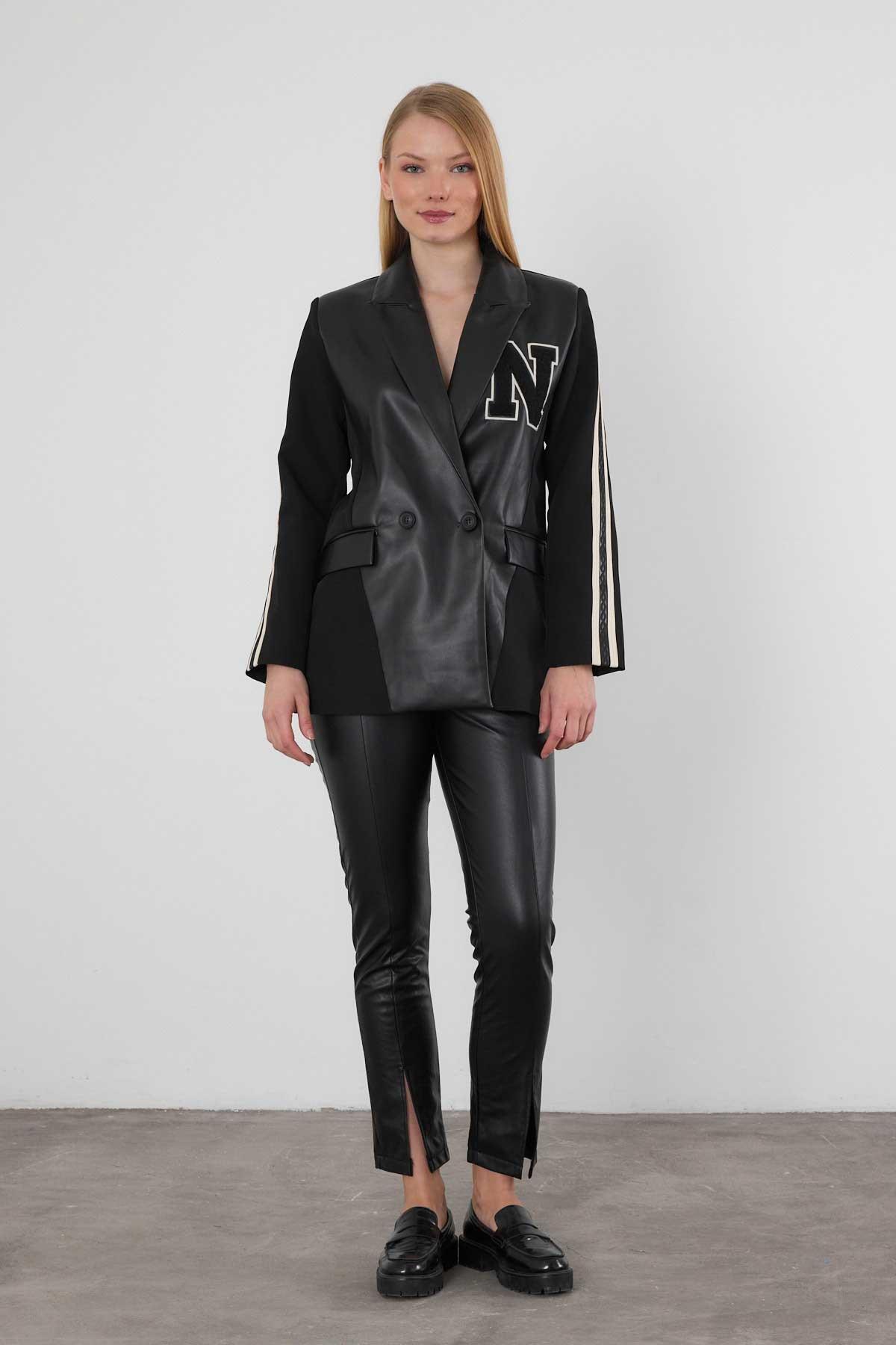 Siyah Kolları Şeritli Deri Garnili Atlas Ceket 1932 - 2