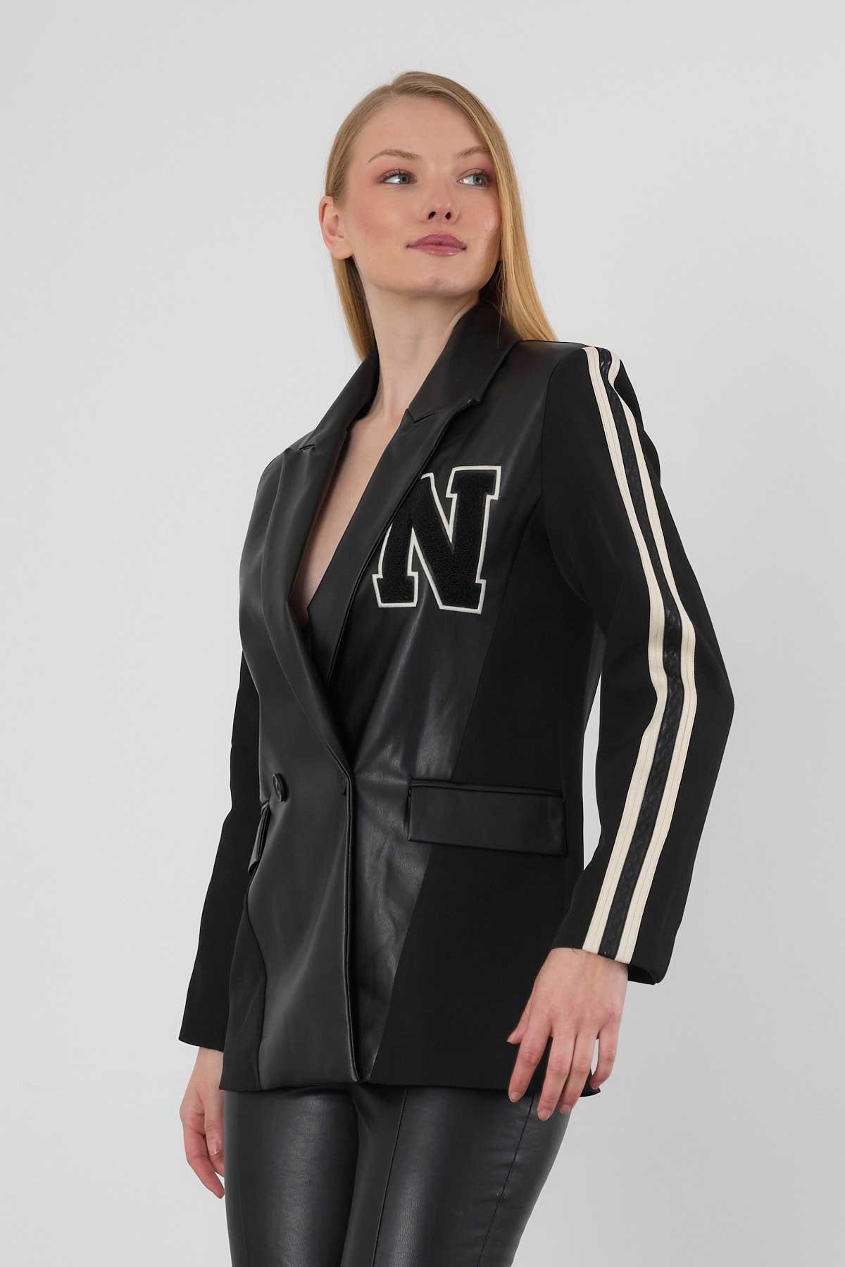 Siyah Kolları Şeritli Deri Garnili Atlas Ceket 1932 - 3