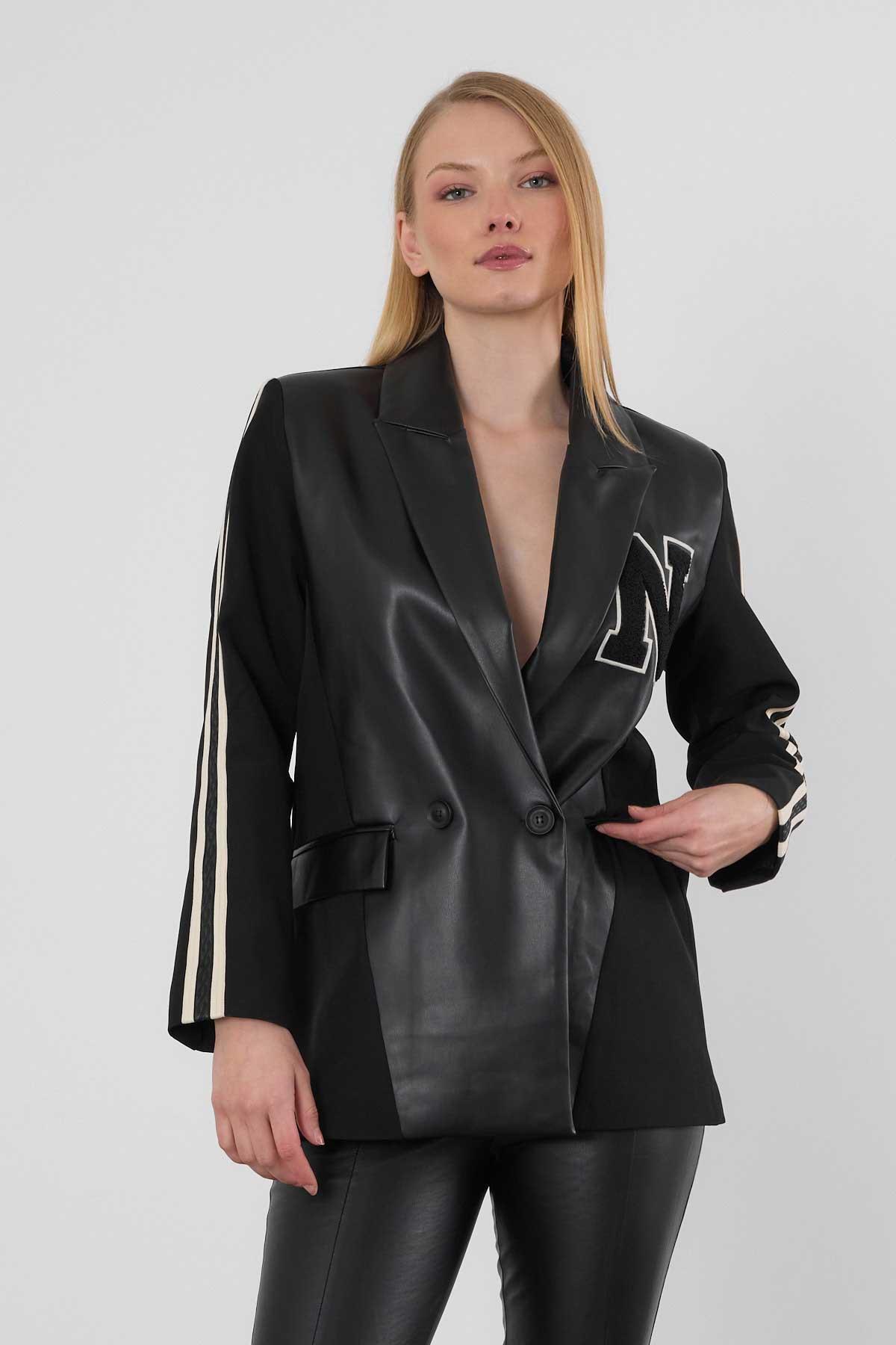 Siyah Kolları Şeritli Deri Garnili Atlas Ceket 1932 - 8