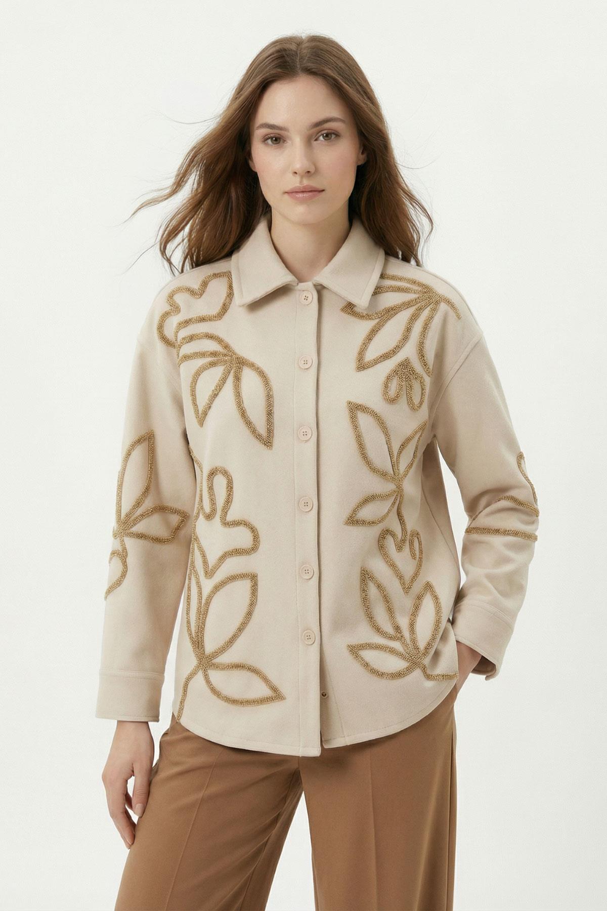 1943 Süzene Nakışlı Yırtmaç Detay Gömlek Taş - 1