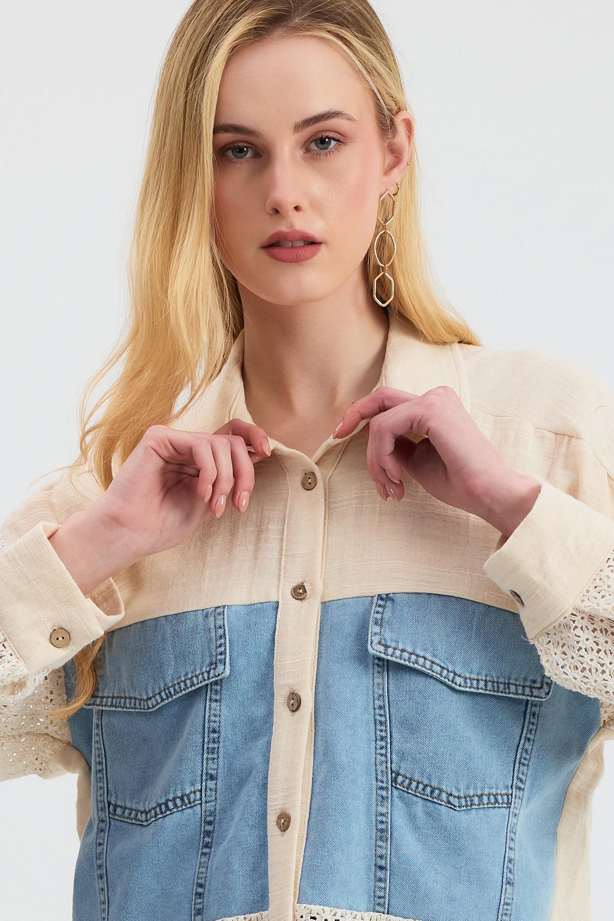 1987 Kot Detay Dantelli Gömlek Bej - RAYS