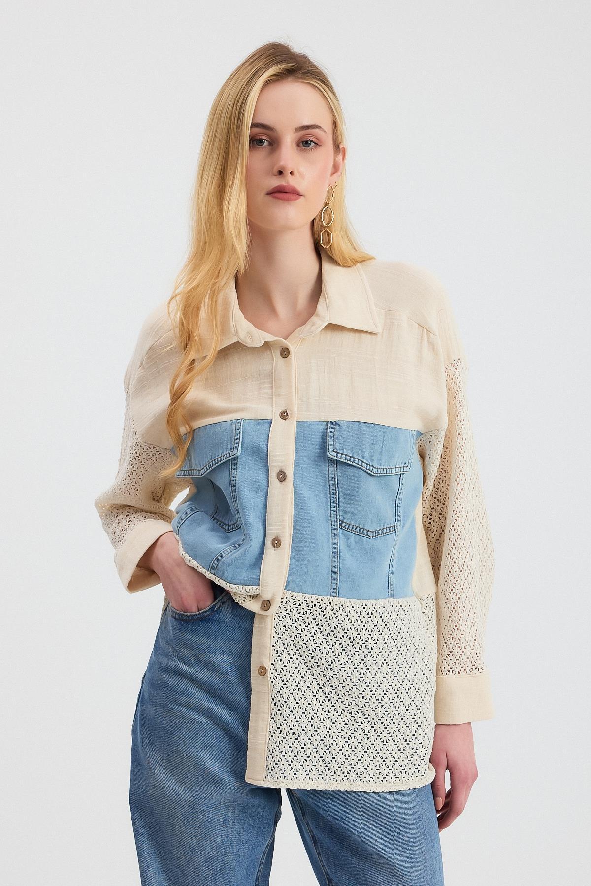 1987 Kot Detay Dantelli Gömlek Bej - RAYS