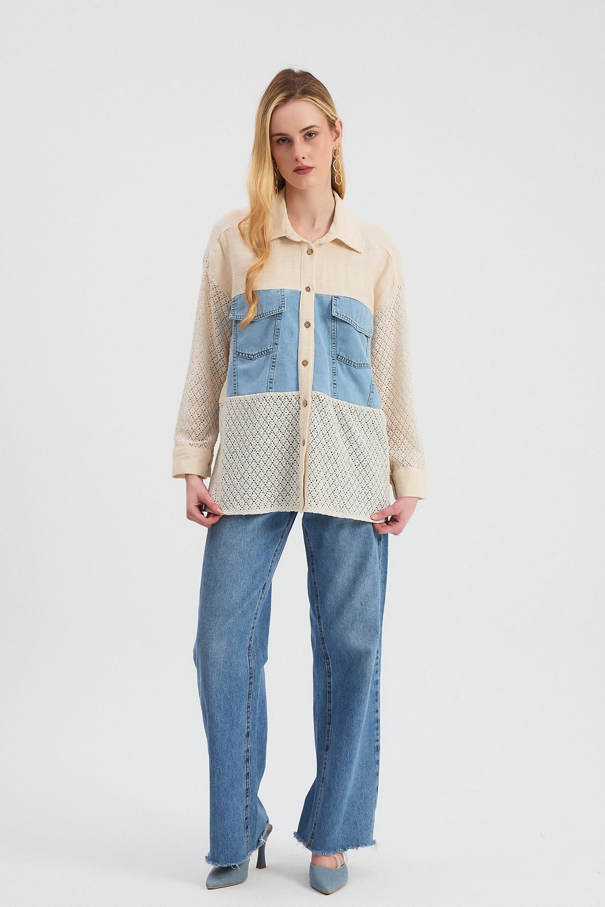 1987 Kot Detay Dantelli Gömlek Bej - RAYS