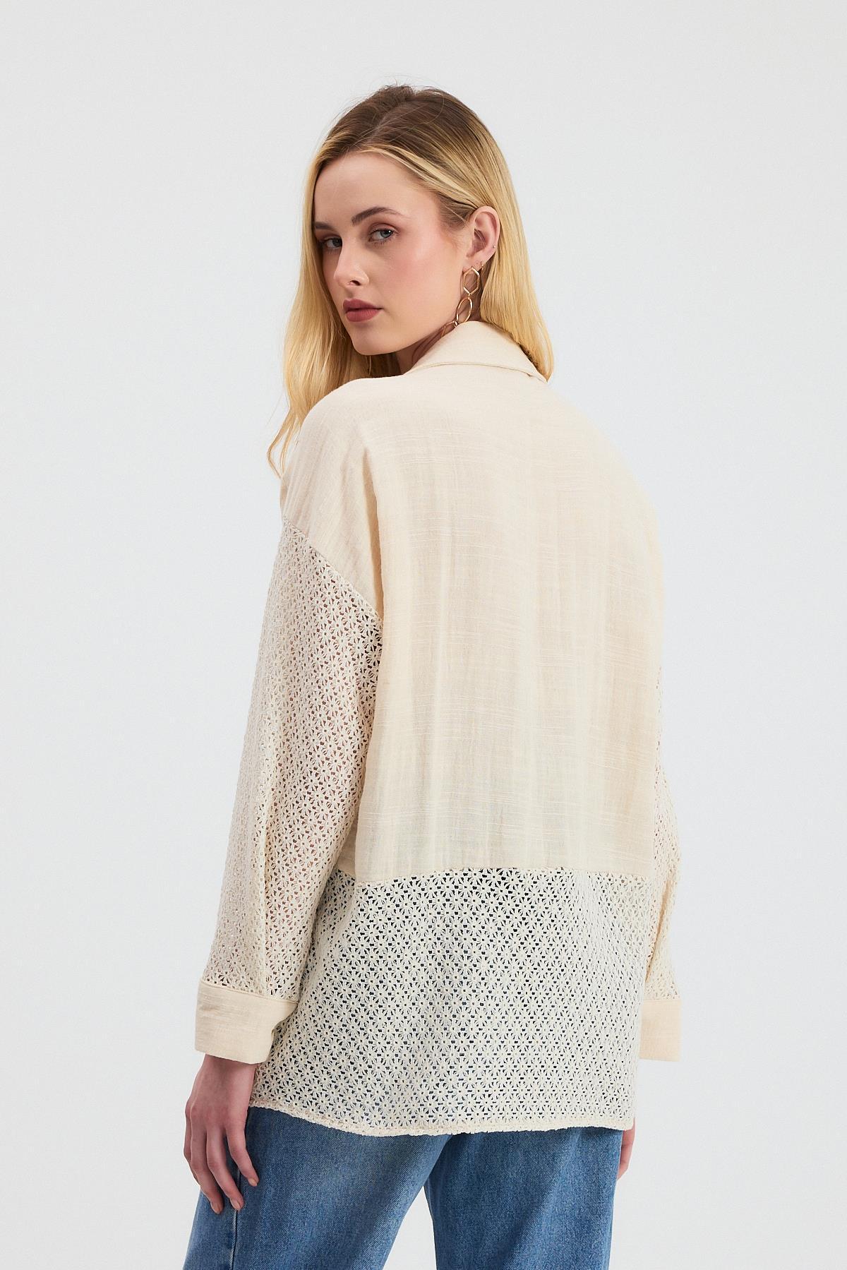 1987 Kot Detay Dantelli Gömlek Bej - 5