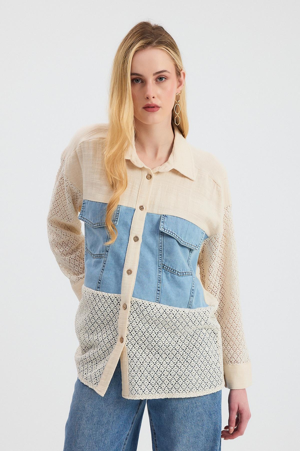 1987 Kot Detay Dantelli Gömlek Bej - 2