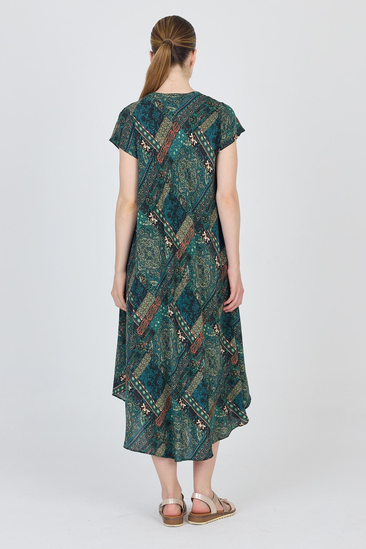 Yeşil Etnik Desenli V Yaka Kısa Kollu Midi Elbise 200 - 5