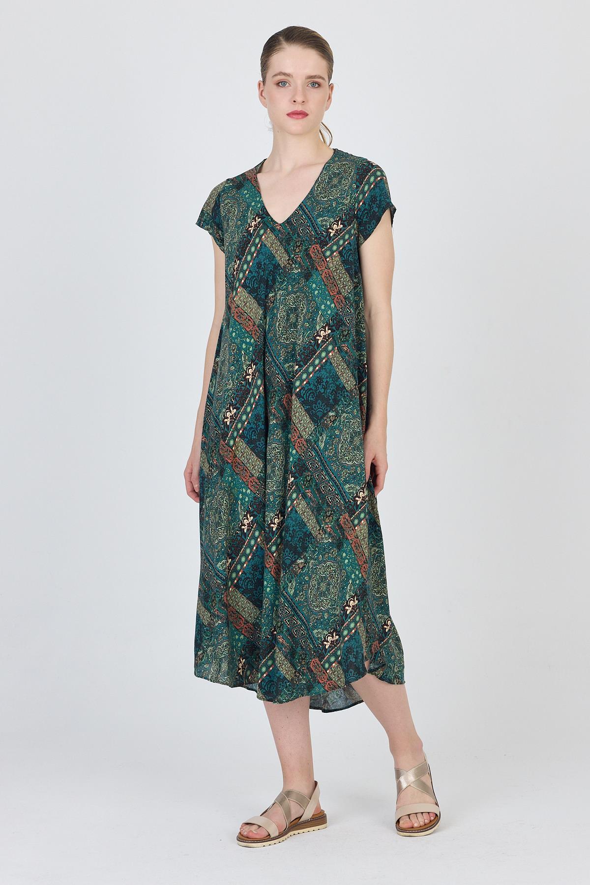 Yeşil Etnik Desenli V Yaka Kısa Kollu Midi Elbise 200 - 6