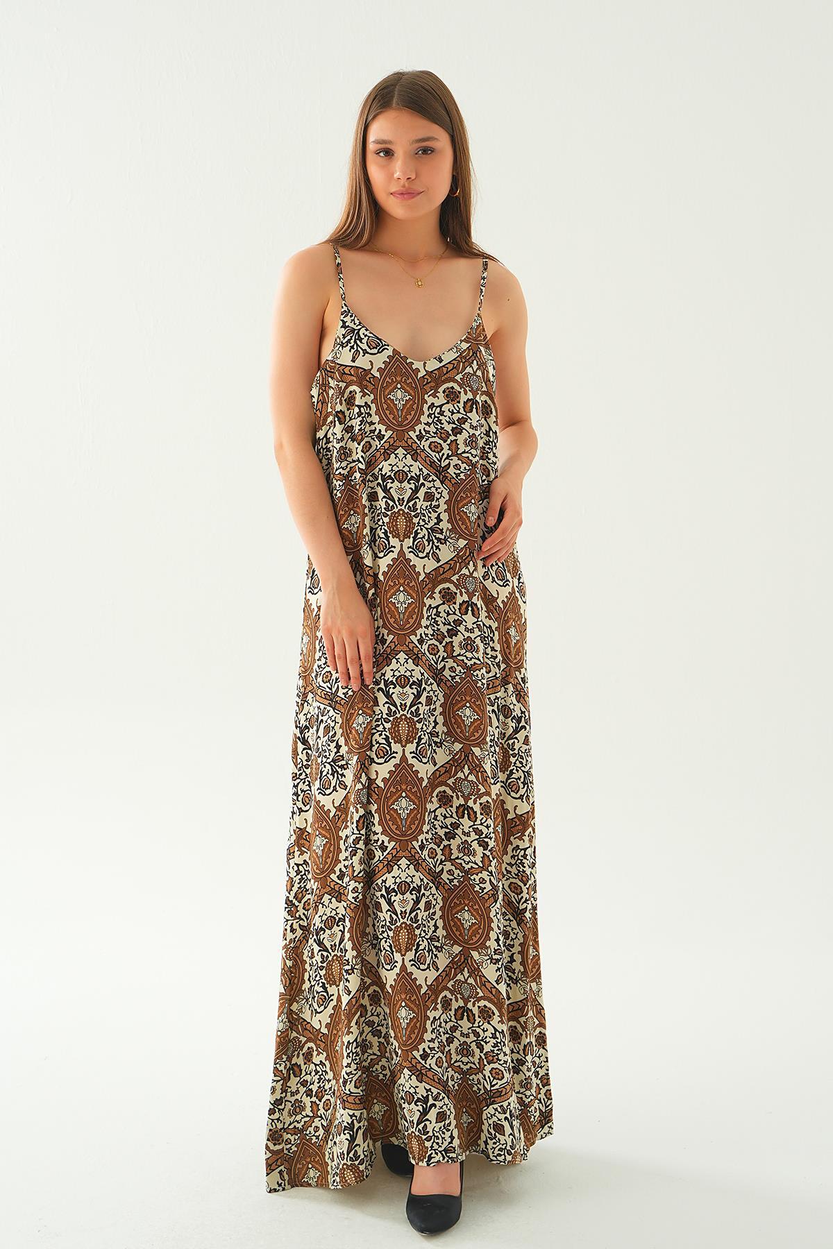 200 Ön arka V yaka elbise Kahve - 3