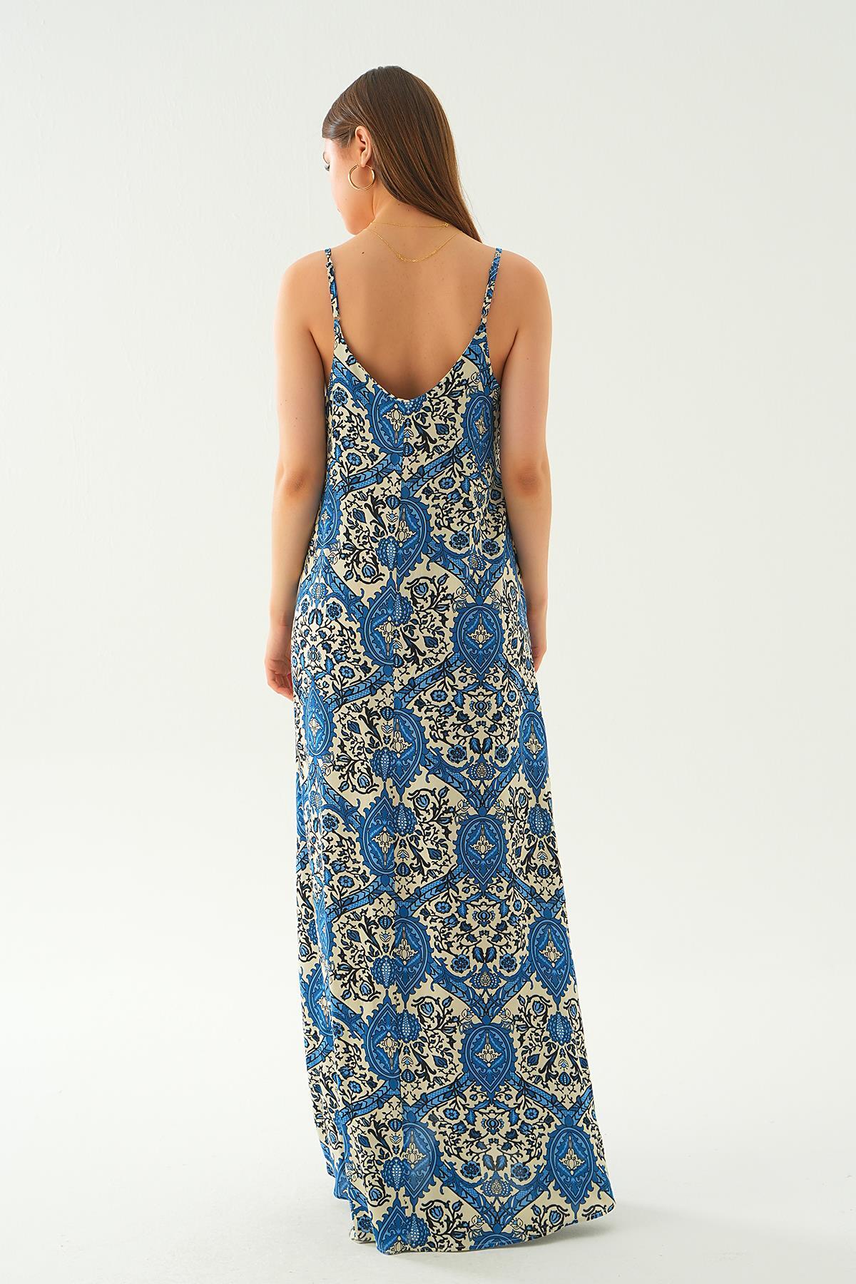 200 Ön arka V yaka elbise Mavi - 5