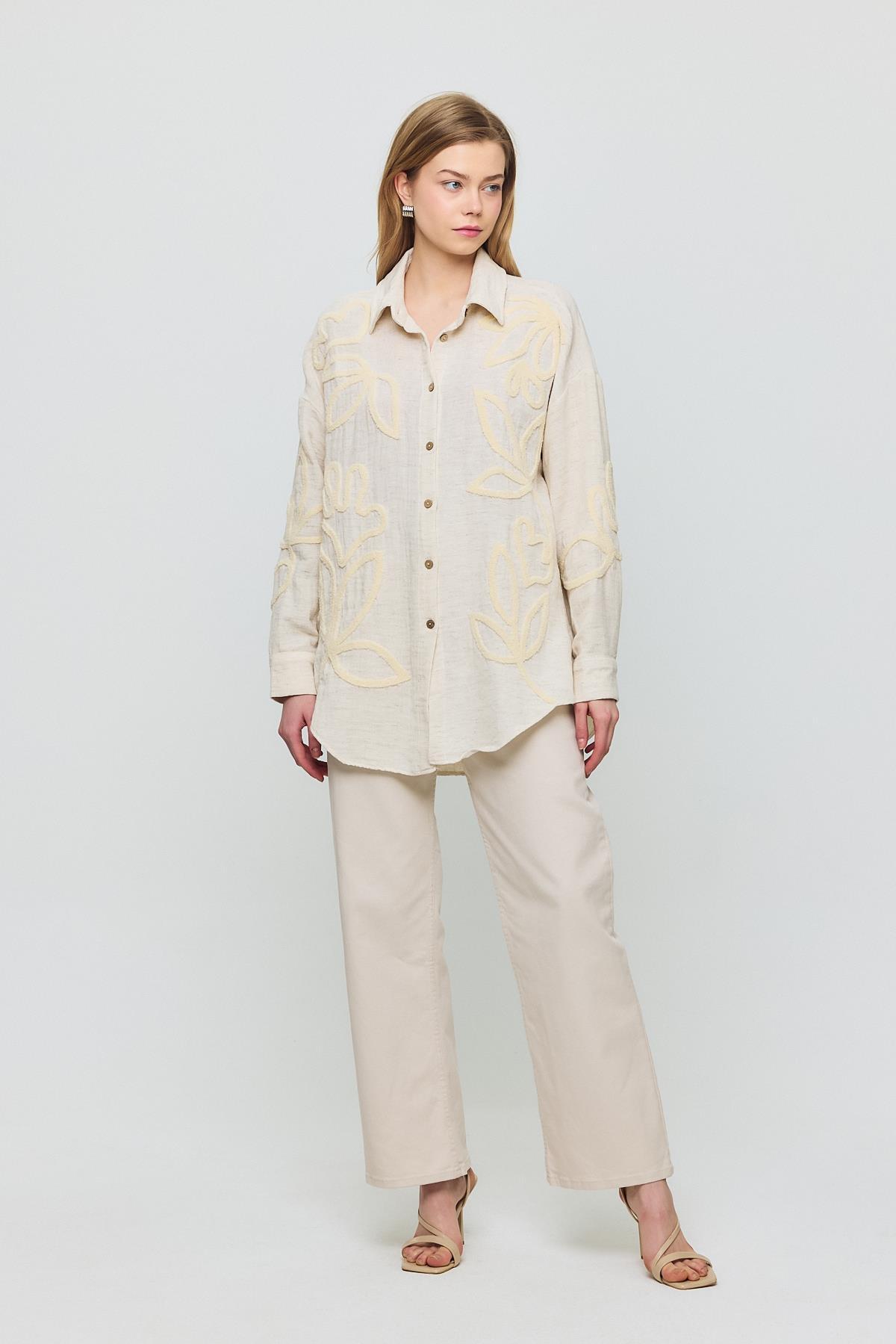 2004 Önü Yaprak Nakışlı Gömlek Bej - 6
