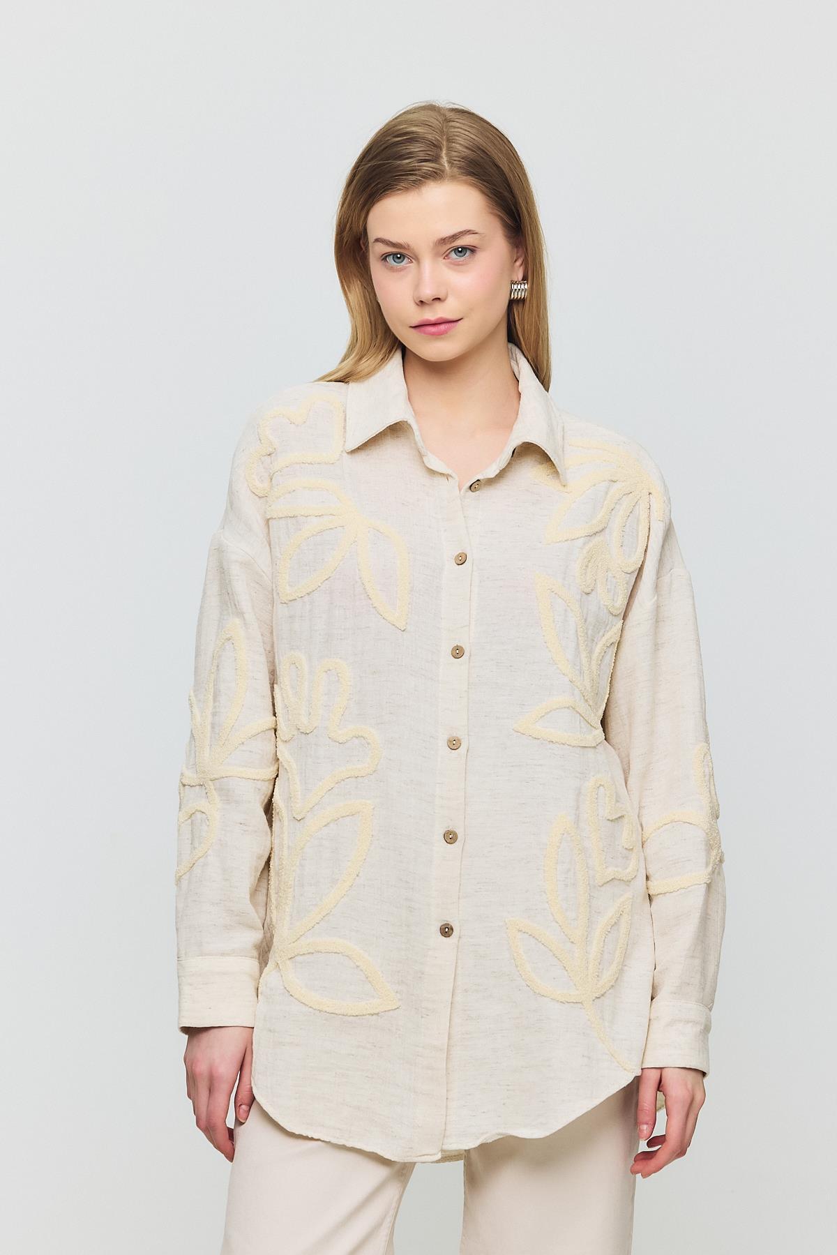 Bej Önü Yaprak Nakışlı Gömlek 2004 - 7