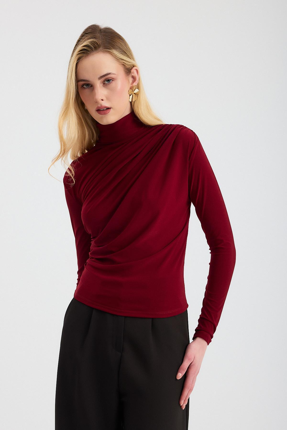 20059 Büzgü Detay Sandy Bluz Bordo - 3