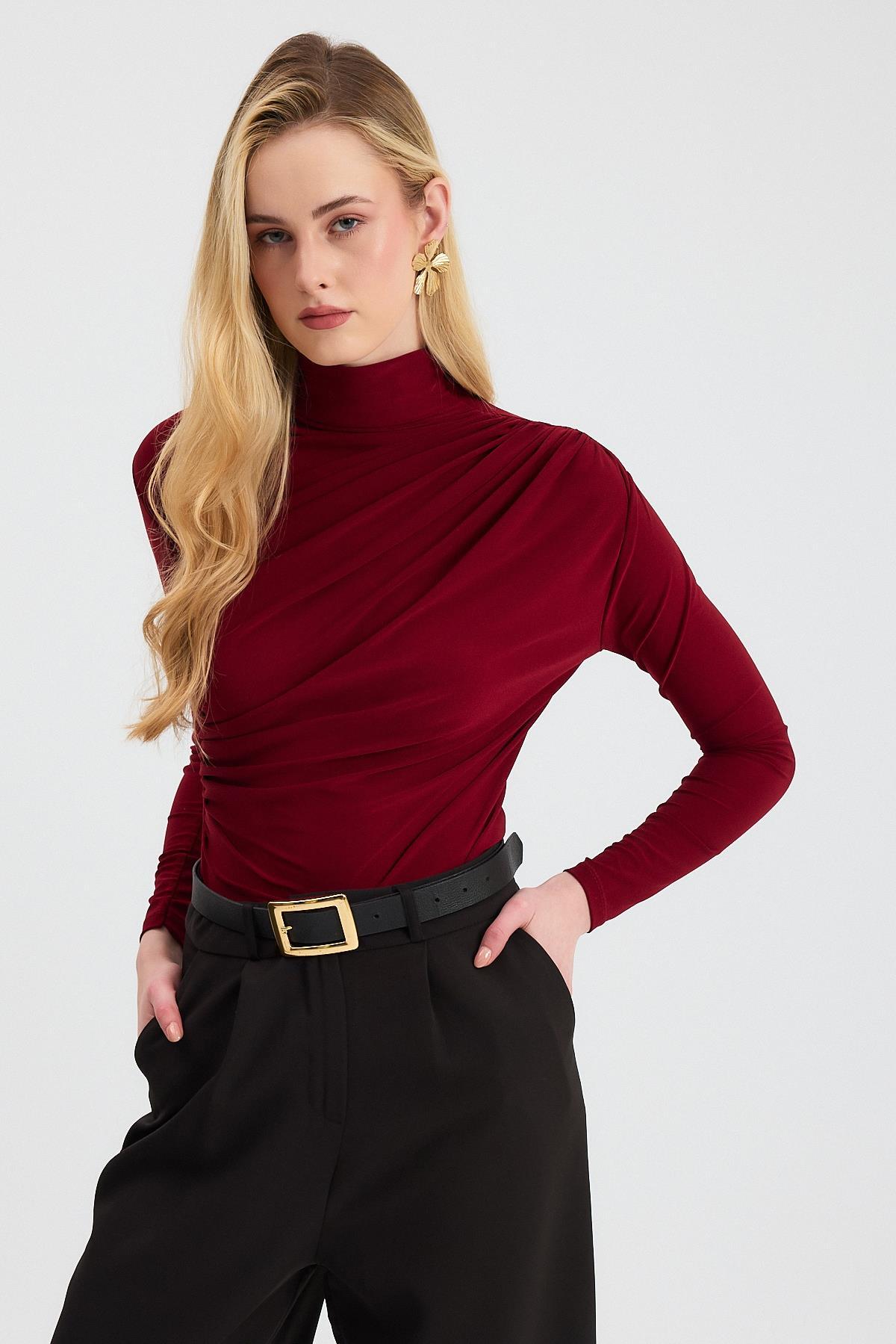 Bordo Büzgü Detay Sandy Bluz 20059 - 1