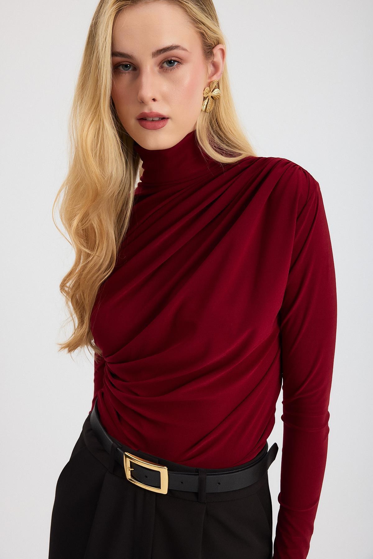 Bordo Büzgü Detay Sandy Bluz 20059 - 4