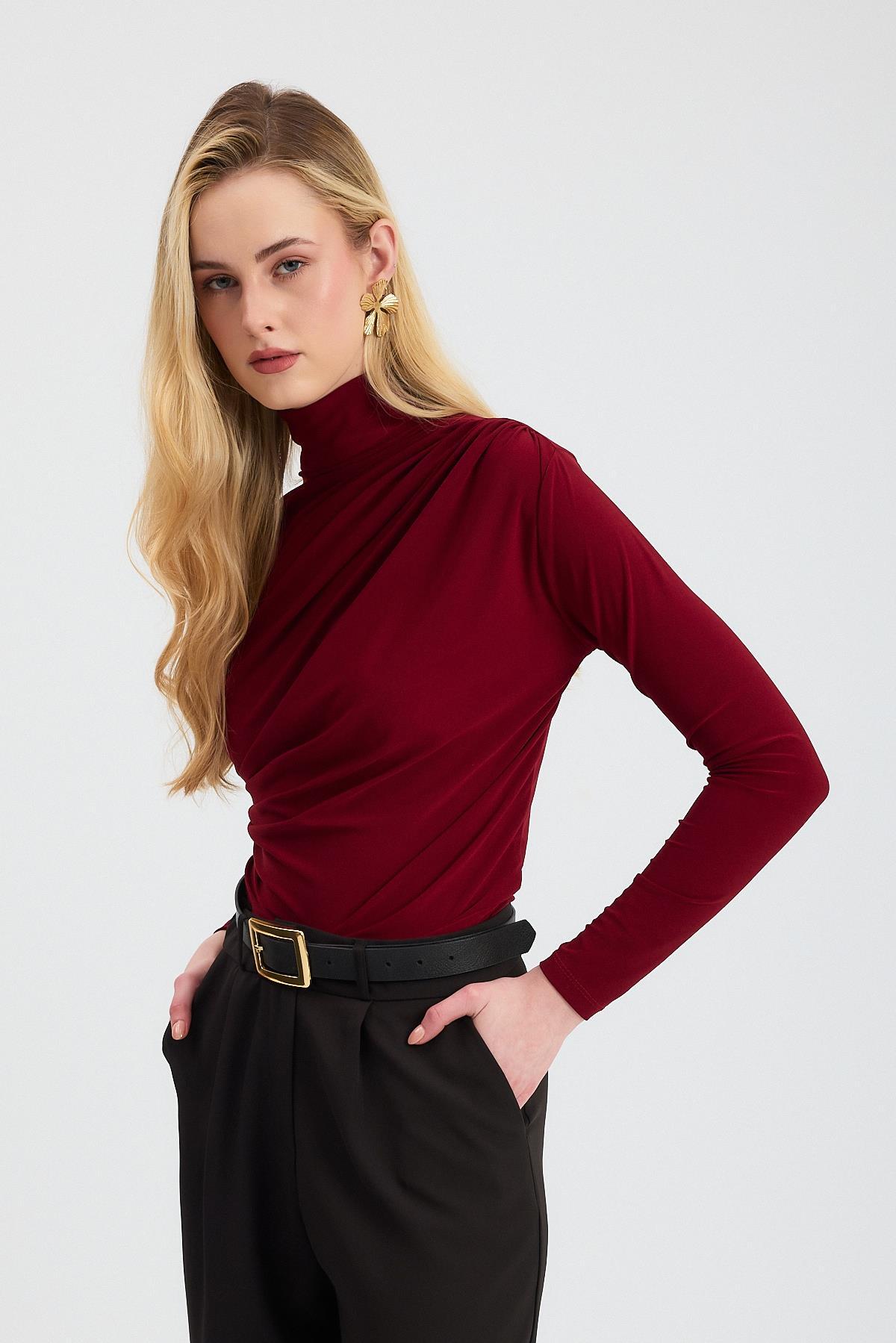 Bordo Büzgü Detay Sandy Bluz 20059 - 8