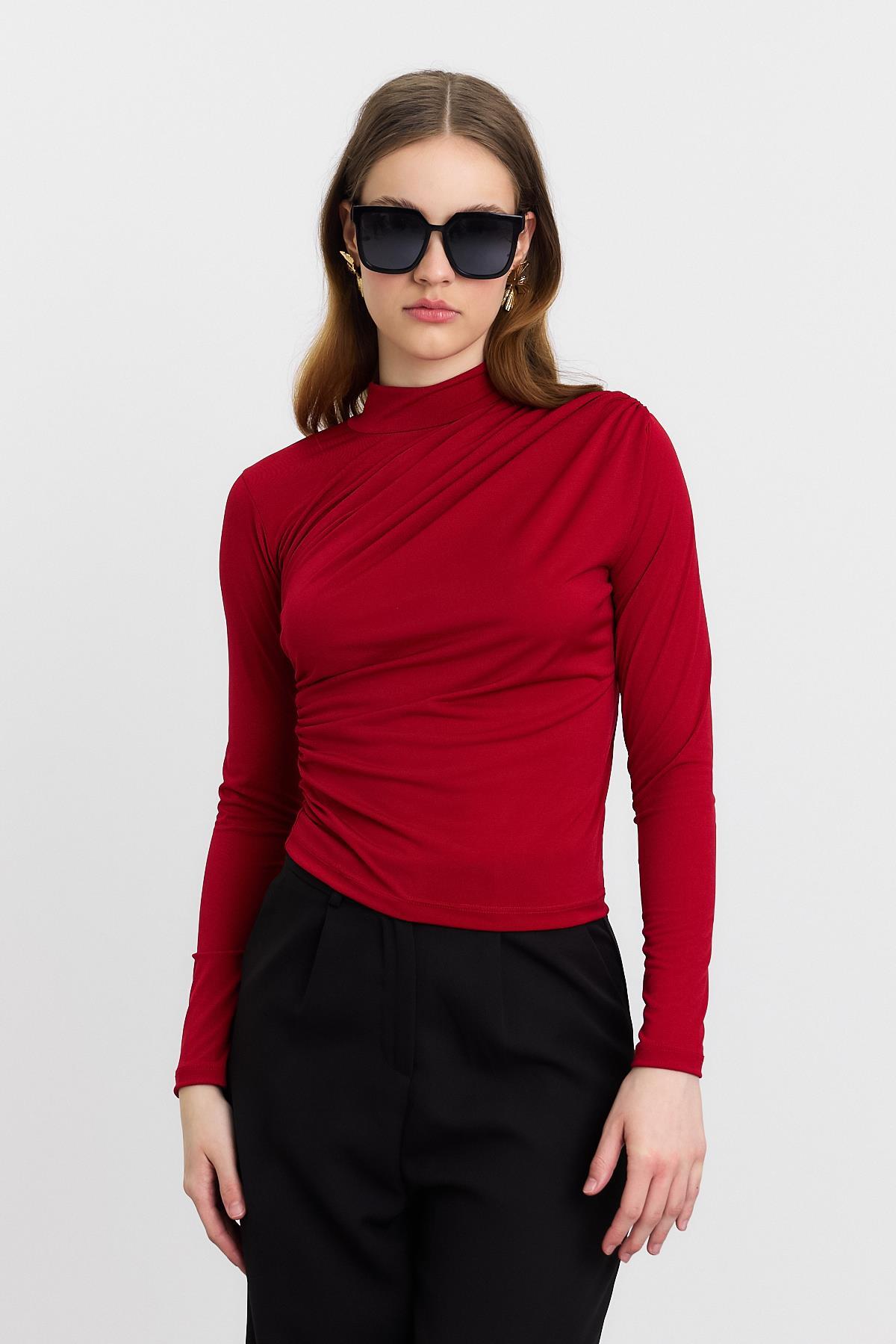 20059 Büzgü Detay Sandy Bluz Kırmızı - RAYS