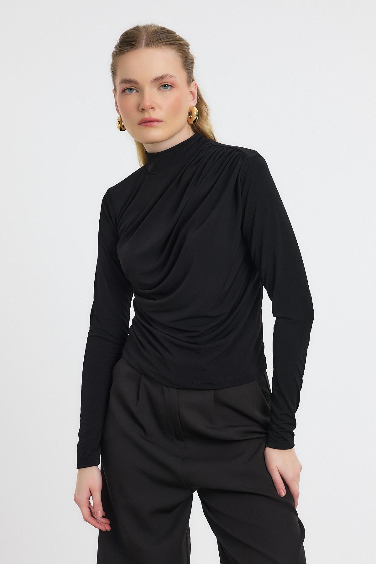 Siyah Büzgü Detay Sandy Bluz 20059 - 5