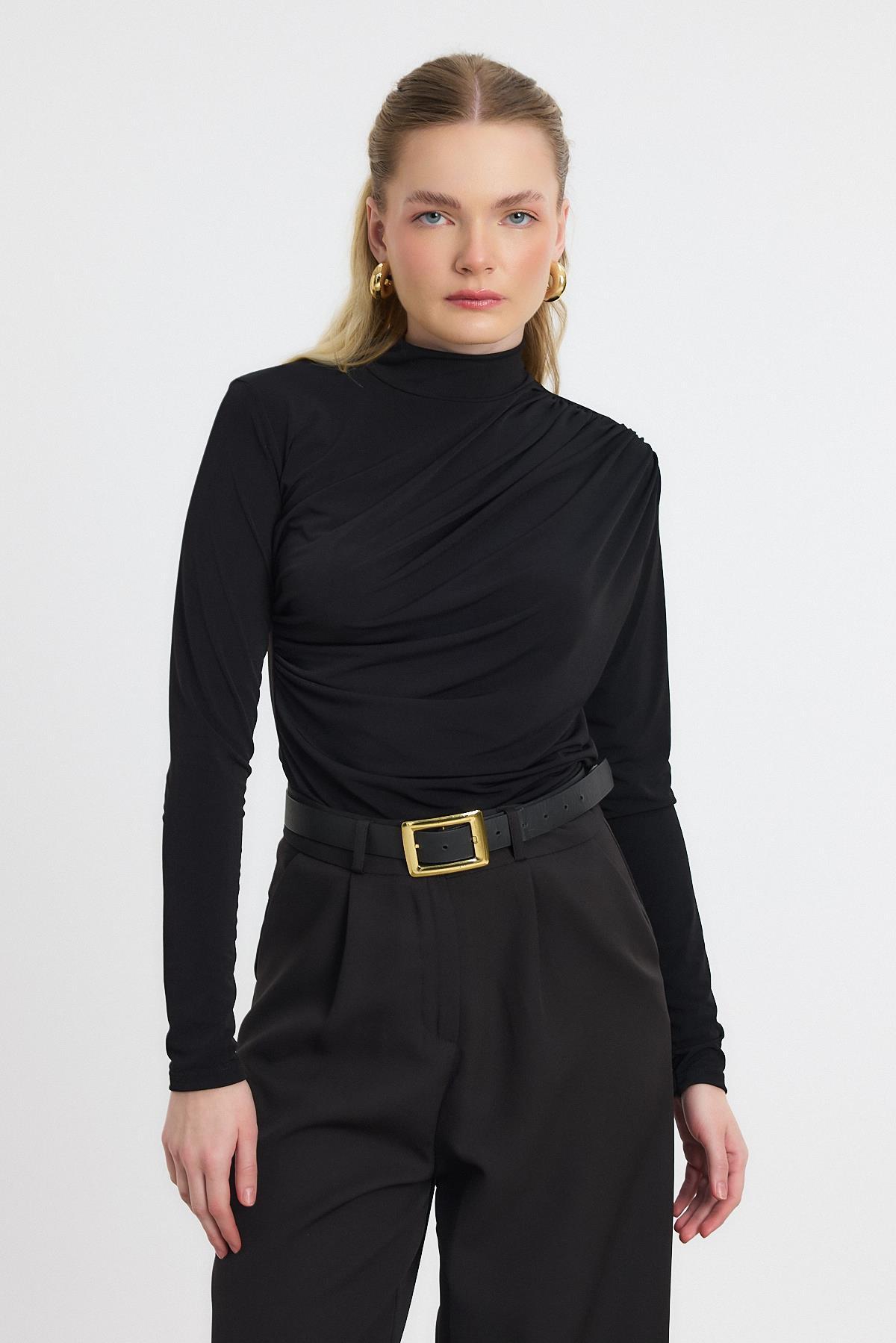 Siyah Büzgü Detay Sandy Bluz 20059 - 7